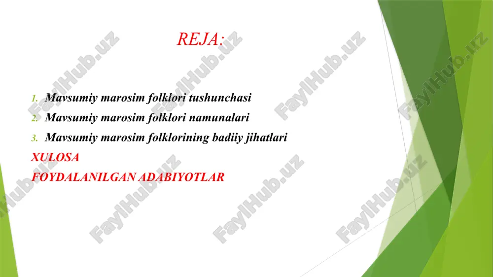 bo‘lib, ishtirokchilar harakatlari va kiyimlari orqali dramatik ta’sir yaratadi. simvol va metafora har bir marosimning o‘z ramzlari bor: masalan, navro‘zda sumalak hayot va farovonlik ramzi sifatida ishlatiladi. ijodiy yangilik va o‘zgaruvchanlik folklor shakllari vaqt o‘tishi bilan yangilanadi, yangi qo‘shiqlar va o‘yinlar qo‘shiladi. mavsumiy marosim folklorining mohiyati va ijtimoiy roli mavsumiy marosim folklori — bu yilning turli fasllariga bog‘liq ravishda xalq hayotida yuzaga keladigan an’analar, urf-odatlar, qo‘shiqlar, raqslar va o‘yinlardan iborat kompleks. u nafaqat badiiy, balki ijtimoiy va ma’naviy funktsiyani ham bajaradi: tabiat bilan uyg‘unlik: har bir marosim tabiat hodisalari — bahor kelishi, hosil yig‘ish, qish fasli boshlanishi bilan bog‘liq. jamiyatni birlashtirish: marosimlar orqali oila, mahalla va butun xalq birlashadi. madaniy xotira saqlash: avloddan-avlodga og‘zaki ijod shaklida meros sifatida yetadi. emotsional ta’sir: ishtirokchilarni zavq, quvonch va ruhiy ko‘tarinkilik bilan ta’minlaydi. mavsumiy marosimlar turlari va namunalari bahor marosimlari navro‘z: yilning boshlanishi, yangilanish ramzi. badiiy jihatlari: sumalak tayyorlash, qo‘shiqlar, badiiy she’riyat, bahor mavsumi …