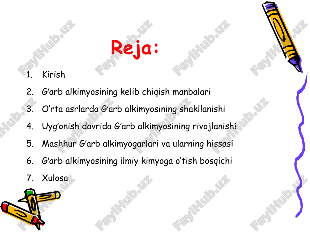 likni ko‘rsatgan. shu tariqa, g‘arb alkimyosining manbalari sharq ilmiy tajribasi, yunon falsafasi va o‘rta asr xristian tafakkuri asosida paydo bo‘ldi. o‘rta asrlarda gʻarb alkimyosining shakllanishi xii–xiv asrlar g‘arb alkimyosining shakllanishida muhim davr bo‘ldi. bu davrda yevropada ilmiy bilimlar diniy-falsafiy tizim bilan uyg‘unlashgan holda rivojlanar edi. monastirlar va diniy markazlarda tashkil etilgan laboratoriyalar alkimyoviy tajribalarning asosiy manbai bo‘ldi. u yerda olimlar turli moddalarning xossalarini, ularning o‘zaro ta’sirini o‘rganish bilan shug‘ullanganlar. o‘rta asr alkimyogarlari, xususan, albert velikiy, roger bacon va raymond lull kabi mutafakkirlar ilmiy kuzatuv va tajribaga katta e’tibor bergan. ular moddiy dunyoning sirlarini ochish bilan birga, inson ruhining “tozalanishi”ni ham muhim deb bilganlar. alkimyo o‘sha davrda diniy ma’noga ega bo‘lib, inson kamolotini moddiy jarayonlar orqali anglash yo‘li sifatida talqin qilingan. bu davrda metallurgiya, tibbiyot, parfyumeriya va rang beruvchi moddalar ishlab chiqarish sohalarida alkimyo yutuqlari amalda qo‘llanila boshlandi. shuningdek, yangi asboblar – pechlar, retortalar, distillyatsiya idishlari paydo bo‘lib, tajribaviy kimyoga yo‘l …