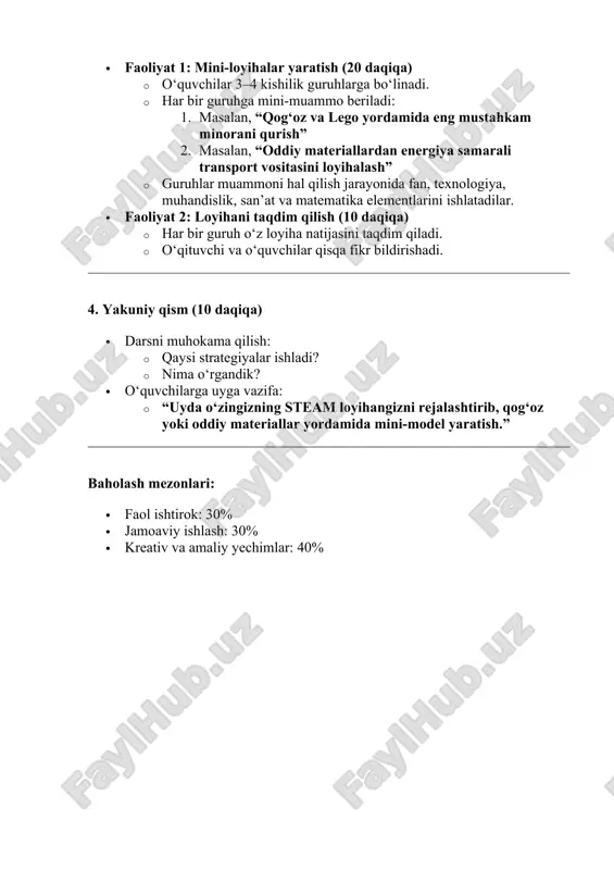 h.” baholash mezonlari: · faol ishtirok: 30% · jamoaviy ishlash: 30% · kreativ va amaliy yechimlar: 40%