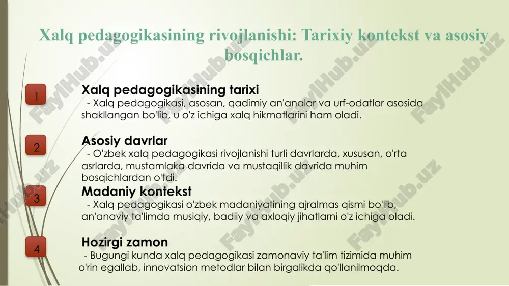 larni shakllantirishda muhim rol o'ynaydi. bular: - o'zbekistonning madaniyati va an'anaviy ta'limi. - ta'lim jarayonida xalq tajribasining ahamiyati. - ilmiy tadqiqotlar va amaliyotning uyg'unligi. an'anaviy ta'lim usullarining zamonaviy pedagogikaga qo'shgan hissasi. 1 an'anaviy metodlar an'anaviy ta'lim usullari, o'zbek xalq pedagogikasi orqali avlodlardan avlodlarga o'tgan tajribalarga asoslanadi va zamonaviy ta'limga o'ziga xosliklar kiritadi. 2 o'qitish jarayoni o'qitish jarayonida an'anaviy usullar, interaktiv o'qitish va amaliy faoliyatni birlashtirib, talabalarning o'z-o'zini rivojlantirishiga yordam beradi. 3 ta'limda integratsiya an'anaviy ta'lim usullari zamonaviy pedagogikaga integratsiya qilinib, madaniy merosni saqlash va talabalarning kreativligini oshirishga xizmat qiladi. an'anaviy ta'lim usullarining o'ziga xos xususiyatlari. 1 o'ziga xos metodlar an'anaviy ta'lim usullari, asosan, o'ziga xos metodlardan iborat bo'lib, ular ko'pincha og'zaki rivoyatlar va hikoyalar orqali o'rganiladi. 2 tajriba va amaliyot o'zbek xalq pedagogikasida tajriba va amaliyot muhim ahamiyatga ega. ta'lim jarayonida o'quvchilar ko'p hollarda amaliy ko'nikmalarni egallaydi. 3 jamoaviy o'qitish an'anaviy ta'limda jamoaviy o'qitish usullari keng tarqalgan. bu o'zaro o'rganish …