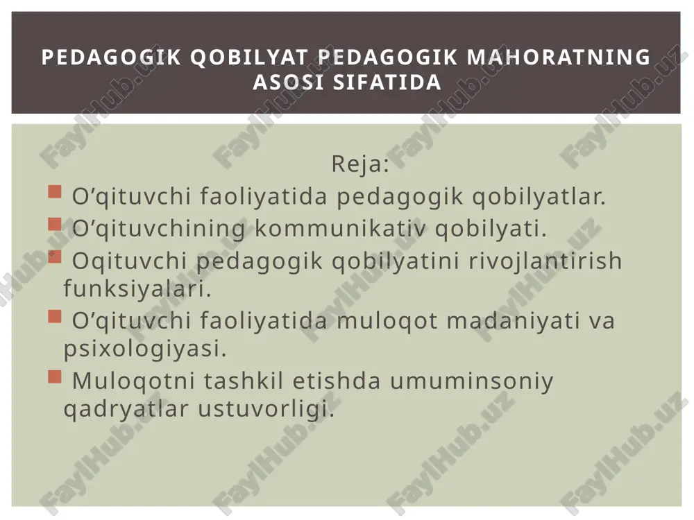 hi o’z fanini va boshqa fanlarni chuqur bilishida va o’zlashtirishda namoyon etishidir. 2. akademik qobiliyat qisqa daqiqalarda auditoriya holatini idrok qila olish fazilati ya’ni tashqi olamni va muhitni sezish, idrok etish ya’ni kuzatishda muhim ahamiyatga ega. o’qituvchi o’quvchining psixologiyasini va psixik holatini o’ziga singdirib idrok etadi. 3. perseptiv qobiliyat ixcham, ma'noli, ohangdor, muayyan ritm chastotaga ega bo‘lgan nutq, nutqning jarangdorligi, uning pauza, mantiqiy urg‘uga rioya qilishi o’qituvchining pedagogik jamoa va ota- onalar bilan o’zaro muloqotga kirishishida muhim bo’lib, bunda o’qituvchi muomala madaniyatini muntazam o’zida singdirib shakllantirib borishi lozim. 4. kommunikativ , nutqiy qobiliyat sinf guruhi yoki kursni uyushtirish va uni boshqarish iste'dodi ya’ni sinf o’quvchilarining o’qituvchi tomonidan turli jamoat ishlariga va to’garaklarga jalb qila olishida namoyon bo’ladi. 5. tashkilotchilik qobiliyati insonning kelajagini oqilona tasavvur qilish bashorati tarbiyalanuvchilar- da qanday fazilatlar- ni taraqqiy ettirish lozimligini oldindan aytib bera olishidir. 6. psixologik tashxis (diagnoz) qobiliyati qobiliyati (bir necha ob'ektlarga bir vaqtning o‘zida …