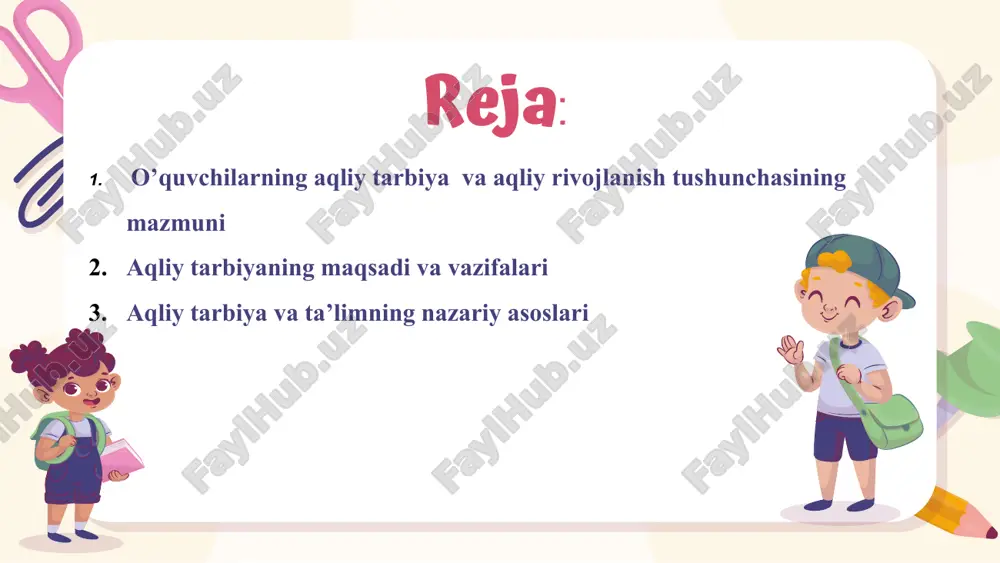 sh, umumiylashtirish qobiliyatida namoyon bo‘ladi. aqliy tarbiya shaxsga tabiat va jamiyat taraqqiyoti to’g’risidagi bilimlarni berish, uning aqliy (bilish) qobiliyati, tafakkurini shakllantirishga yo’naltirilgan pedagogik faoliyat bo’lib, uni samarali yo’lga qo’yish asosida dunyoqarash shakllanadi. bugungi kunda, o’zbekiston respublikasida yoshlarga aqliy tarbiyani berishga alohida e’tibor qaratilmolqda. 1997 yilda o’zbekiston respublikasi oliy majlisining ix sessiyasida qabul qilingan o’zbekiston respublikasining «ta’lim to’g’risida»gi qonuni va «kadrlar tayyorlash milliy dasturi» mazmunida ham yuksak ma’naviy va axloqiy talablarga javob beruvchi yuqori malakali kadrni tarbiyalash davlat siyosatining ustuvor yo’nalishlaridan biri ekanligiga urg’u beriladi. tarbiya yoshidagi bolalarning aqliy rivojlanishi faoliyat jarayonida, dastlab muomalada bo‘lish, narsalar bilan bajariladigan faoliyat natijasida, keyin esa o‘quv, mehnat, samarali faoliyatlar: rasm chizish, loy va plastilindan buyumlar yasash, applikatsiya, qurish - yasash jarayonida amalga oshirib boriladi. bolaning aqliy rivojlanishiga ta’lim va tarbiya samarali ta’sir ko‘rsatadi. o'quvchilar uchun berilgan bilim tez yodda qolsa, ba'zilar uchun tushunarsiz bo'ladi. aqliy tarbiya ham o'qituvchilar tomonidan bollarga o'rgatib borilganda ularda turlicha …