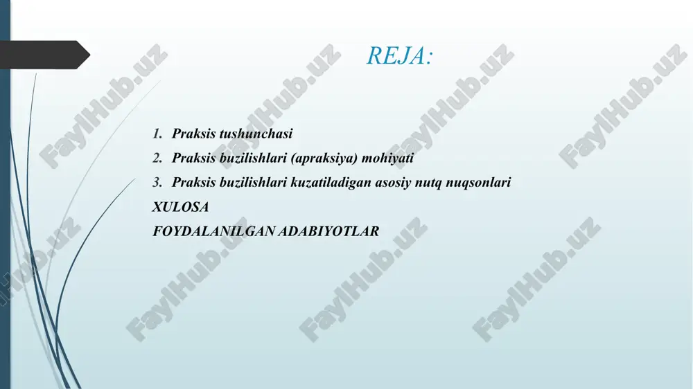 ulyatsion apraksiya yoki nutq apraksiyasi deb ataladi. bunday holatda bola yoki kattada so‘z tovushlarini to‘g‘ri talaffuz qilish uchun zarur artikulyatsion harakatlarni rejalashtirish buziladi. praksis buzilishlari kuzatiladigan asosiy nutq nuqsonlari t/r nutq nuqsoni turi praksis buzilishining xususiyati ko‘rinishlari 1 dislaliya artikulyatsion praksisning qisman buzilishi tovushlarni noto‘g‘ri talaffuz etish, artikulyatsion harakatni chalkashtirish 2 dizartriya markaziy asab tizimi shikastlanishi bilan bog‘liq kompleks buzilish nutq mushaklarining sustligi, harakat koordinatsiyasining buzilishi, tovushlar aralashib ketishi 3 alaliya praksisni shakllanishining kechikishi yoki to‘liq yetishmasligi bola so‘zlarni hosil qilishda qiynaladi, artikulyatsion harakatlar ketma-ketligini saqlay olmaydi 4 afaziya oldin shakllangan praksisning buzilishi nutqni qayta tiklash jarayonida artikulyatsion harakatlar chalkashligi, tovushlarni o‘rnini almashtirish 5 rinolaliya rezonans va artikulyatsion praksisning muvofiqlashmasligi havo oqimining noto‘g‘ri yo‘nalishi sababli tovush shakllanishi buziladi 6 stammering (duduqlanish) harakatlar ketma-ketligining to‘xtab qolishi, spazmlar artikulyatsion praksisning vaqtli uzilishi, mushak spazmlari praksis buzilishlari kuzatiladigan asosiy nutq nuqsonlari dislaliya asosan nutq apparatining periferik qismi bilan bog‘liq. bola tovushni to‘g‘ri talaffuz …