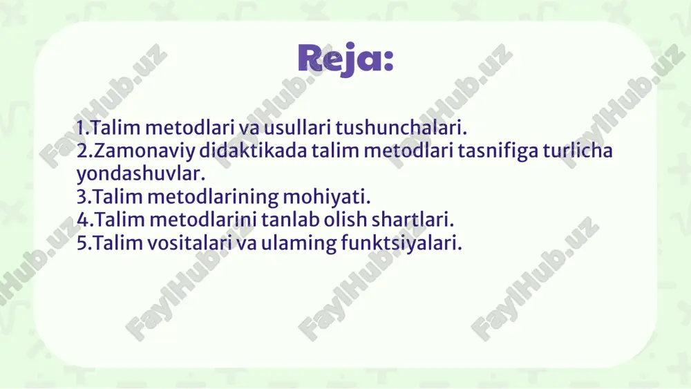 nskiy). 6.ta’limning interfaol metodlari. ananaviy (manbasiga ko’ra) talim metodlari tasnifi asosiy didaktik maqsadlariga ko’ra talim metodlari tasnifi: yangi bilimlarni egallash metodlari; ko’nikma va malakalarni shakllantirish metodlari; bilimlarni amaliyotda qo’llash metodlari; bilim, ko’nikma va malakalarni mustahkamlash va nazorat qilish metodlari. ta’limning binar metodlari yaxlit yondashuvga ko’ra ta’lim metodlari tasnifi: o’quv-bilish faoliyatini tashkil etish va amalga oshirish metodlari. o’quv-bilish faoliyatini motivatsiyalash va ragbatlantirish metodlari. o’quv-bilish faoliyatini nazorat va oz-ozini nazorat qilish metodlari. interfaol metodlar ta’lim metodlarini tanlab olish shartlari: 1.ta’limning umumiy maqsadlari. 2.fanning va o’rganilayotgan mavzuning mazmuni hamda o’ziga xosliklari. 3.biror fanni o’qitish metodikasining oziga xosliklari. 4.materialni o’rganishga ajratilgan vaqt. 5.o’quv mashgulotining maqsadi, vazifalari va mazmuni. 6.o’quvchilarning yoshi va bilish imkoniyatlari. 7.o’quvchilarning tayyorgarlik darajasi. 8.talim muassasasining moddiy taminlanganligi. 9.o’qituvchining nazariy, amaliy va metodik tayyorgarligi, pedagogik mahoratni egallaganlik darajasi. tashkiliy ta’limiy motivatsiyali rivojlantiruvchi ta’lim metodlari tarbiyaviy e’tibor uchun rahmat! credits: this presentation template was created by slidesgo, including icons by flaticon, and infographics …