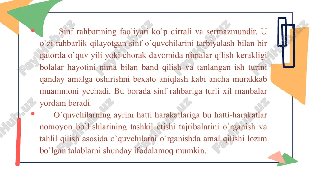 lashtiriladi. sinf rahbari majlisda ko'plab masalahrni ko'taradi. sinf majlisida 3-4 ta masalalar ko'rilib, muammoli tomonlari tahlil qilinadi va o'z echimini topishi kerak bo'ladi. 6th grade sinf rahbari quyidagi vazifalarni bajaradi: 1. o`ziga yuklatilgan sinfdagi tarbiyaviy ishlarni amalga oshiradi. bu vazifani bajarayotgan u yolg`iz emas shu sinfda dars berayotgan turli fan o`qituvchilar bilan yaqin xamkorlikda va ularga suyangan holda o`quvchilarda milliy dunyoqarash asoslarini shakllantiradi, axloqiy tarbiyasini rivojlantiradi. o`quvchilarni darsdan tashqari tadbirlarni tashkil etadi va sinf jamoasini mustahkamlaydi. 2. o`quvchilarning bilimga bo`lgan qiziqishi va qobilyatini o`stirish har bir o`quvchining indivudial psixik xususiyatlarini hisobga olgan holda kasbga yo`naltirish va hayotiy maqsadlarini shakllantirish sinf rahbarining alohida vazifasidir. ayni paytda har bir o`quvchining sog`ligini mustahkamlashga ham e`tibor beradi. 3. sinf rahbarining diqqat markazida o`kuvchilarning darsda yuqori o`zlashtirishini ta`minlash masalasi turadi. buning uchun u har bir o`quvchining kundalik o`zlashtirishida voqif bo`lib turadi. orqada qolayotganlarga o`z vaqtida, kechiktirmay yordam uyushtiradi. 4. sinfdagi o`quvchilarnint o`z o`zini boshqarish ishlarini …