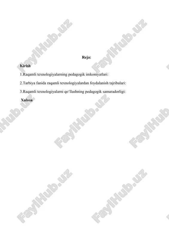 – tarbiya fanini o‘qitishda raqamli texnologiyalarni samarali qo‘llash metodlarini aniqlash, ularning pedagogik imkoniyatlarini tahlil qilish va amaliy tavsiyalar ishlab chiqishdir. referatning vazifalari · tarbiya fanini o‘qitishda raqamli platformalarning pedagogik rolini o‘rganish; · padlet, mentimeter, jamboard misolida metodik tajribalarni tahlil qilish; · o‘quvchilarning axloqiy, ijtimoiy va tanqidiy fikrlash ko‘nikmalarini rivojlantirishdagi samaradorlikni aniqlash; · zamonaviy darslarni interfaol qilish bo‘yicha tavsiyalar ishlab chiqish. mavzuga doir qisqacha nazariy ma’lumot: tarbiya fanini o‘qitishda raqamli texnologiyalardan foydalanish nafaqat darslarni zamonaviylashtiradi, balki o‘quvchilarda mustaqil fikrlash, tanqidiy tafakkur va axloqiy qadriyatlarni shakllantirishga xizmat qiladi. shu bilan birga, bu texnologiyalar o‘qituvchilarga dars jarayonini rejalashtirish, baholash va o‘quvchilarning individual ehtiyojlariga moslash imkonini beradi. padlet o‘quvchilarga g‘oyalarini matn, rasm va audio shaklida ifodalash imkonini beradi, mentimeter esa so‘rovlar va viktorinalar orqali natijalarni tezkor aniqlashga yordam beradi, jamboard esa vizual diagrammalar va interfaol mashg‘ulotlar uchun qulay platforma hisoblanadi. i. raqamli texnologiyalarning pedagogik imkoniyatlari zamonaviy ta’lim jarayoni tezkor o‘zgarishlarni talab qiladi. pedagoglar doimiy …