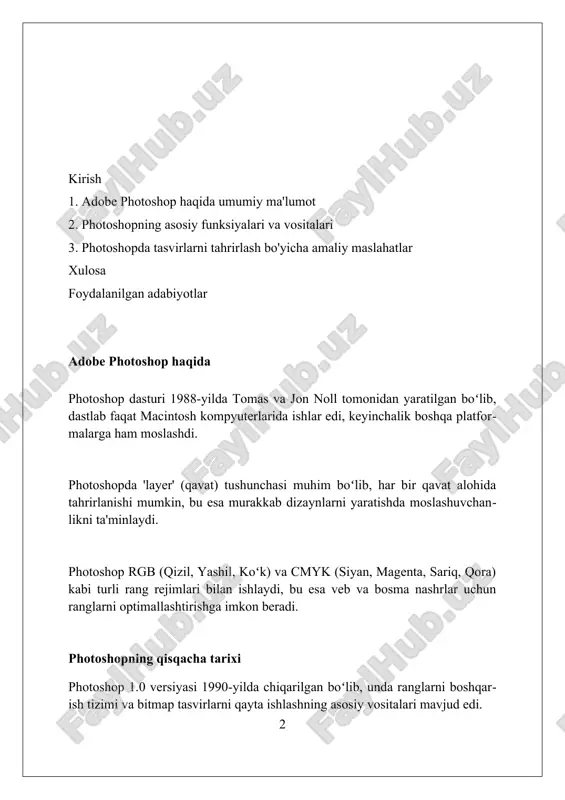 ta'minlaydi. interfeys bilan tanishuv photoshop interfeysi asosan 5 ta asosiy qismdan iborat: menyu satri, parametrlar paneli, asboblar paneli, hujjat oynasi va panellar. har bir qismning vazifasi alohida boʻlib, ular birgalikda ish jarayonini osonlashtiradi. asboblar panelida 60 dan ortiq turli xil asboblar mavjud. ularning har biri rasmlarni tahrirlash, boʻyash, tanlash va boshqa koʻplab vazifalarni bajarish uchun moʻljallangan. har bir asbobning oʻziga xos sozlamalari bor. photoshop ish maydonini moslashtirish imkoniyati mavjud. panellarni koʻchirish, guruhlash va yashirish orqali oʻzingizga qulay boʻlgan ish muhitini yaratishingiz mumkin. shuningdek, klaviatura yorliqlarini ham sozlash mumkin. asboblar paneliga nazar asboblar panelida 'move tool' (v) yordamida qatlamlarni, tanlangan qismlarni va yo‘riqnomalarni 1 piksel aniqlikda siljitish mumkin, bu esa tartibga solishda qulaylik yaratadi. photoshop asboblar panelidagi 'lasso tool' (l) erkin shakldagi tanlashlar uchun ishlatiladi va poligonal lasso rejimi to‘g‘ri chiziq segmentlari bilan aniq tanlash imkonini beradi. asboblar panelida joylashgan 'gradient tool' (g) bir rangdan boshqa rangga o‘tish yaratadi, masalan, chiziqli, …