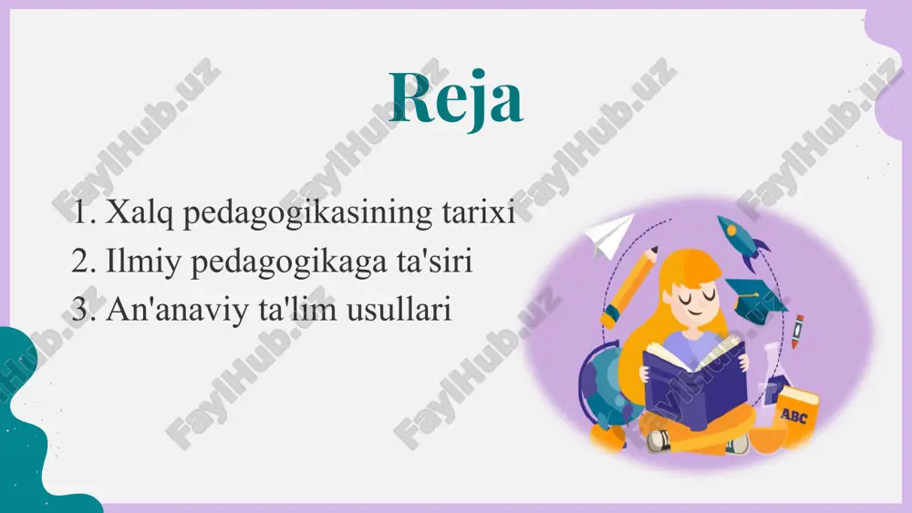 xalq pedagogikasining ilmiy asoslari va ta'lim tizimidagi o'rni. 01 xalq pedagogikasining ilmiy asoslari xalq pedagogikasi ilmiy asoslarini o'rganish, an'anaviy ta'lim usullarining nazariy jihatlarini tushunishga yordam beradi, zamonaviy ta'limga yangi yondashuvlar keltiradi. 02 ta'lim tizimidagi o'rni xalq pedagogikasi o'zbek ta'lim tizimida muhim rol o'ynaydi, an'anaviy qadriyatlarni saqlab qolish va yangi metodlarni joriy etishda yordam beradi. 03 ilmiy tadqiqotlar xalq pedagogikasi bo'yicha ilmiy tadqiqotlar, an'anaviy bilimlarni va usullarni zamonaviy ta'limga integratsiya qilishda muhim ahamiyatga ega. ilmiy pedagogikaga xalq pedagogikasining ta'sirini tahlil qilish. xalq pedagogikasi ilmiy pedagogikaga katta ta'sir ko'rsatadi. an'anaviy ta'lim usullari, madaniy meros va avloddan-avlodga o'tgan bilimlar, zamonaviy pedagogik nazariyalarni shakllantirishda muhim rol o'ynaydi. bular: - o'zbekistonning madaniyati va an'anaviy ta'limi. - ta'lim jarayonida xalq tajribasining ahamiyati. - ilmiy tadqiqotlar va amaliyotning uyg'unligi. an'anaviy ta'lim usullarining zamonaviy pedagogikaga qo'shgan hissasi. 1 an'anaviy metodlar an'anaviy ta'lim usullari, o'zbek xalq pedagogikasi orqali avlodlardan avlodlarga o'tgan tajribalarga asoslanadi va zamonaviy ta'limga o'ziga xosliklar kiritadi. …