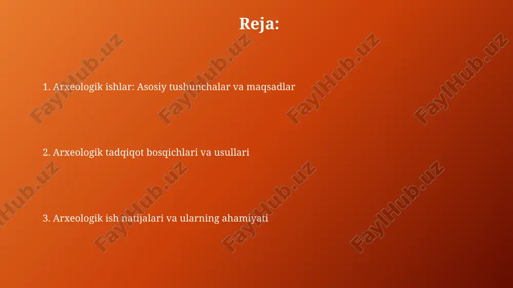 ishlari stratigrafiyasi, tuproq qatlamlarini aniqlash va ularning ketma-ketligini tahlil qilish orqali madaniy qatlamlarning 14c radiokarbon dating kabi usullar bilan vaqtini belgilashni o'z ichiga oladi. arxeologik qazishlarda gorizontal ochilish texnikasi keng qo'llaniladi, bunda katta maydon ochilib, topilmalar joyida 3d koordinatalari bilan qayd etiladi, bu esa kontekstni saqlashga yordam beradi. topilmalarni hujjatlashtirish topilmalarni hujjatlashtirish jarayonida har bir artefakt uchun individual raqam beriladi, masalan, 'tk-2024-001', bu esa topilmani aniq identifikatsiya qilish imkoniyatini beradi. hujjatlashtirishda topilmaning koordinatalari gps qurilmasi orqali aniqlanadi va bu ma'lumotlar gis dasturida saqlanadi, bu esa topilma joyini aniq xaritada ko'rsatishga yordam beradi. topilmalarni qayta ishlash va tahlil qilish topilmalarni qayta ishlashda dastlabki tozalash, raqamlash (masalan, har bir artefaktga noyob id berish) va birlamchi ma'lumotlarni (joylashuv koordinatalari) qayd etish juda muhim. tahlil jarayonida artefaktlarning material tarkibi (masalan, metall, keramika) rentgen-fluoressent spektrometriya (xrf) kabi usullar orqali aniqlanadi va baholanadi. arxeologik materiallarni saqlash arxeologik topilmalarni saqlashda harorat, namlik va yorug'lik kabi atrof-muhit omillari …