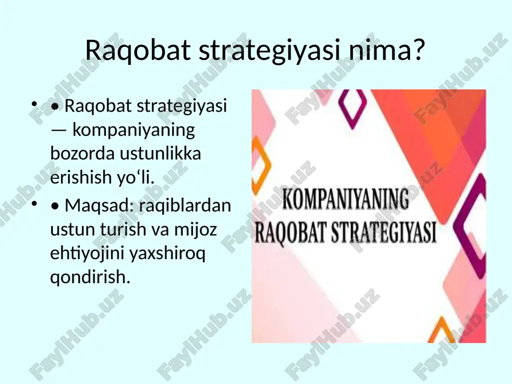 an uyg‘unlashtirish • bozor o‘zgarishlariga moslashish strategiyani nazorat qilish • natijalarni baholash: foyda, sotuv hajmi, mijoz qoniqishi kutilayotgan natijalar • bozorda ustunlik • sodiq mijozlar • barqaror o‘sish xulosa • to‘g‘ri strategiya — muvaffaqiyat kaliti • kompaniya kuchli tomonlarini ishlatadi foydalanilgan adabiyotlar 1. porter m.e., competitive strategy, 1980 2. kotler p., marketing management 3. amanova n.z., strategic management in the era of globalization, 2025 4. ismatova m., strategic management in uzbekistan, 2025 5. boshqa ilmiy manbalar image1.jpeg image2.jpeg image3.jpeg image4.png image5.jpeg image6.png image7.jpeg /docprops/thumbnail.jpeg