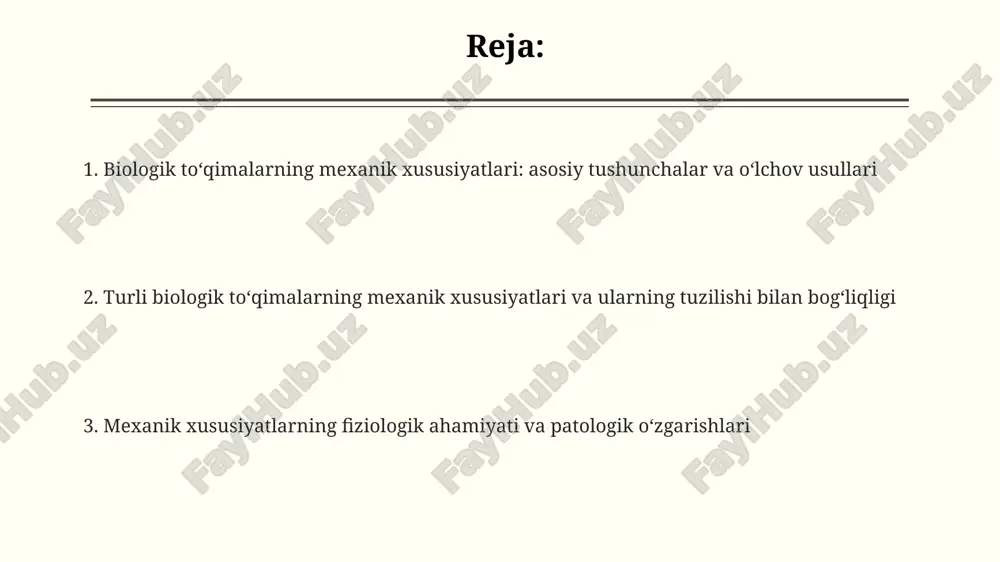 lik moduli (young moduli) taxminan 17-20 gpa ni tashkil etadi, bu uning deformatsiyaga qarshilik qobiliyatini aks ettiradi va sinishdan himoya qiladi. mushak to'qimasining mexanik xususiyatlari va fiziologik ahamiyati mushak to'qimasining qisqarishi natijasida hosil bo'ladigan kuch, taxminan 3-4 kg/sm² ga teng bo'lib, bu harakatlanish va pozitsiyani saqlash uchun muhim rol o'ynaydi. elastiklik moduli 10^4 dan 10^6 pa gacha bo'lgan mushak to'qimasi, tashqi kuchlarga qarshilik ko'rsatadi va tana shaklini saqlashga yordam beradi. mushakning charchashi, atp zaxiralarining kamayishi tufayli 70-80% ga kuchning pasayishiga olib kelishi mumkin, bu fiziologik chegaralarni belgilaydi. xaftaga mexanik xususiyatlari va fiziologik ahamiyati tog‘ay to‘qimasining elastiklik moduli taxminan 0.5-2 mpa ni tashkil qiladi; bu bo‘g‘imlarda zarbani yutish va harakatni osonlashtirish orqali muhim rol o‘ynaydi. suyakning zichligi (odatda 1.8-2.1 g/sm^3) yuk ko‘tarish qobiliyatiga ta’sir etadi, osteoporozda esa mo‘rtlashuv xavfini oshiradi, bu esa sinish ehtimolini ko‘paytiradi. paylar kuchlanishga juda chidamli (tortishish kuchi taxminan 50-150 mpa); bu mushaklarni suyakka bog‘lash va harakatni uzatish …