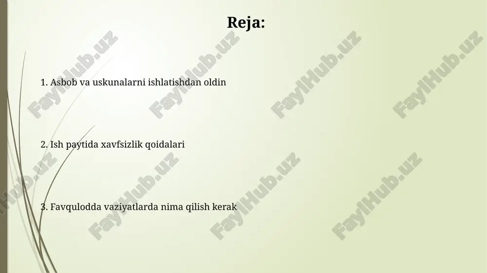 da, ish paytida zararni kamaytirish uchun. barcha dastgohlar uchun, ayniqsa aylanadigan qismlari bor dastgohlar uchun, ish boshlashdan oldin har doim himoya vositalarining to'g'ri o'rnatilganligiga va holatiga e'tibor bering. arralash mashinasi (tsirkulyar arra) xavfsizligi tsirkulyar arra bilan ishlashda har doim ko'zoynak va niqob kiying; 15 sm dan qisqa materiallarni ushlab turish uchun maxsus itaruvchi tayoqchadan foydalaning. arra diskining diametri ishlov beriladigan material qalinligidan kamida 25% katta bo'lishi kerak va maksimal tezlik ko'rsatkichlari mashinaning tezligiga mos kelishi shart. reysmuslash mashinasi xavfsizligi reysmuslash mashinasida ishlashdan oldin, pichoqlarning o'tkirligi va mahkam o'rnatilganligiga e'tibor bering. pichoqlar yetarli darajada o'tkir bo'lmasa, 0.5 mm dan ortiq qalinlikdagi materialni kesishda xavf tug'dirishi mumkin. ishlayotganda, materialni mashinaga sekin va bir tekisda suring. birdaniga 2 mm dan ortiq qalinlikda kesishga urinmang, aks holda material teskari harakatlanishi va jarohat yetkazishi mumkin. fugovalash mashinasi xavfsizligi fugovalash mashinasida 15 santimetrdan qisqa detallarni qayta ishlashda maxsus moslamalardan foydalanish kerak, chunki qo'llar pichoqlarga juda yaqin …