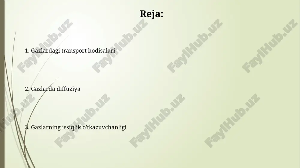 ularning harakatini sekinlashtirib, diffuziya jarayonini qiyinlashtiradi. gazlarda issiqlik o'tkazuvchanligi: asoslar gazlardagi issiqlik o'tkazuvchanligi molekulalarning tasodifiy harakati natijasida yuzaga keladi, bu esa energiya gradienti bo'ylab issiqlik energiyasini uzatadi. yuqori temperaturali molekulalar past temperaturali molekulalar bilan to'qnashadi. issiqlik o'tkazuvchanlik koeffitsienti (k) gazning turiga, haroratga va bosimga bog'liq; masalan, geliyning issiqlik o'tkazuvchanligi havodan yuqori, chunki u yengilroq va tezroq harakat qiladi. furye qonuni va issiqlik o'tkazuvchanlik koeffitsienti furye qonuni issiqlik oqimining zichligi (w/m²) harorat gradientiga (k/m) proporsional ekanligini ifodalaydi; proporsionallik koeffitsienti issiqlik o'tkazuvchanlik (w/m·k) dir. issiqlik o'tkazuvchanlik koeffitsienti materialning issiqlikni o'tkazish qobiliyatini belgilaydi; yuqori koeffitsient issiqlikning tezroq o'tishini, past koeffitsient esa sekinroq o'tishini ko'rsatadi. issiqlik o'tkazuvchanlik koeffitsientiga ta'sir etuvchi omillar gazning issiqlik o'tkazuvchanligi molekulyar harakat bilan bog'liq. temperatura oshishi molekulalar tezligini oshirib, issiqlik uzatish koeffitsientini sezilarli darajada, masalan, 10-20% ga oshiradi. bosimning ta'siri sezilarli emas, lekin yuqori bosimda zichlik ortishi molekulalar orasidagi to'qnashuvlarni ko'paytiradi, natijada issiqlik o'tkazuvchanlik koeffitsienti taxminan 5-15% ga ortadi. gazlarning …