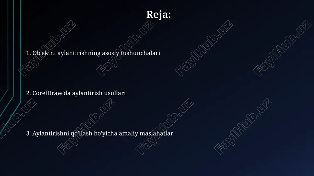 lan bosish orqali bitta ob'ektni tanlashingiz mumkin; bir nechta ob'ektni tanlash uchun shift tugmasini bosib turib ularni bosing. aylantirish markazini belgilash aylantirish markazini belgilashda ob'ektning aylanish nuqtasini aniqlash muhim, bu nuqta atrofida ob'ektning burchagi 0 dan 360 gradusgacha o'zgaradi. markazni belgilash uchun ob'ektning xususiyatlar panelidan foydalaning, bunda x va y koordinatalari qiymatlarini kiritib, aniq pozitsiyani o'rnating (masalan, x:50, y:75). aylantirish usullari: qo'lda aylantirish qo'lda aylantirishda siz ob'ektni sichqoncha bilan tanlashingiz va aylantirish tutqichlaridan foydalanib, uni taxminan kerakli burchakka aylantirishingiz mumkin. bu usul aniqlikni talab qilmaydigan tezkor sozlashlar uchun idealdir. ob'ektni qo'lda aylantirish paytida, ekranning pastki o'ng burchagida aylantirish burchagi ko'rsatiladi. misol uchun, 45 gradusga aylantirish uchun siz ushbu ko'rsatkichga e'tibor qaratishingiz mumkin. aylantirish usullari: aniq burchakka aylantirish ob'ektni aniq burchakka aylantirish uchun transformatsiya panelidan foydalanish mumkin. bu panelda burchak qiymatini kiritish orqali aniq gradusda aylantirish imkoniyati mavjud, masalan 45 yoki 90 gradus. coreldrawda aylantirish markazini o'zgartirish orqali aylantirish o'qini belgilash …