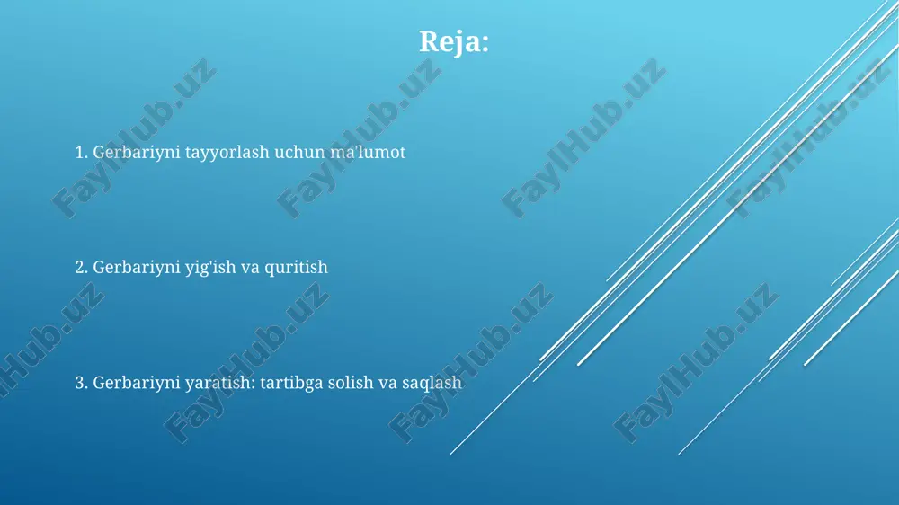 o'simliklarni herbariy varag'iga joylashtirishda ularning tabiiy holatini saqlash muhim. bitta varaqda 1-2 ta o'simlik namunasi bo'lishi mumkin, ularning tuzilishi to'liq ko'rinishi kerak. o'simliklarni yopishtirish uchun maxsus yopishtiruvchi lenta yoki pva elimidan foydalanish mumkin. har bir o'simlikning kamida 3-4 nuqtasidan mahkamlab, varaqqa yaxshilab yopishtiring. o'simliklarning kichik qismlari (urug'lar, gullar) uchun konvertlardan foydalaning. konvertlarni herbariy varag'iga mahkamlang va ularga o'simlikning tegishli ma'lumotlarini yozib qo'ying. gerbariyni saqlash va parvarish qilish gerbariyni uzoq muddat saqlash uchun namlik darajasi 50% dan past bo'lgan, qorong'i va salqin joy tanlang. har bir varaqqa o'simlikning ilmiy nomi va yig'ilgan sanasi yozilgan etiketkani mahkamlang. gerbariyni zararkunandalardan himoya qilish uchun, har 6 oyda bir marta -30°c dan -40°c gacha haroratda 72 soat davomida muzlatish yoki maxsus insektitsidlar bilan ishlov berish kerak. herbariy namunalarini shikastlanishdan saqlash uchun, ularni kislotasiz qog'oz varaqlarida saqlang va har bir varaqni qattiq jildga joylashtiring. bu, yorug'lik ta'sirini kamaytiradi va fizik shikastlanishning oldini oladi. gerbariydan foydalanish va …