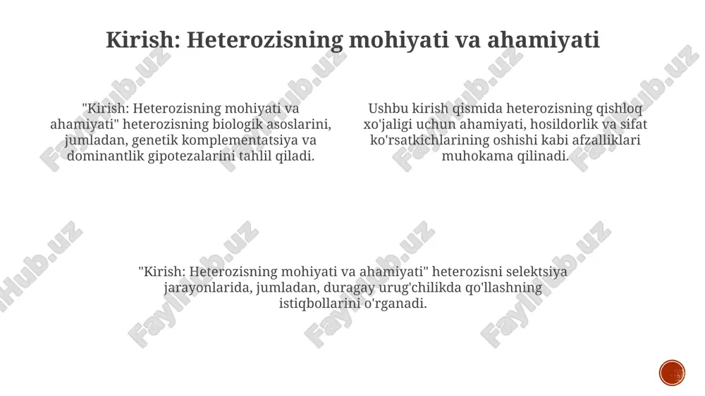 is yuzaga kelishini ta'kidlaydi, ya'ni geterozigota dominant gomozigotadan ustun turadi. bu nazariyani ilk bor 1908-yilda aqsh olimi edvard ist va 1910-yilda djordj shull taklif etgan. ular heterozis uchun nasliy bir xillik muhimligini ta'kidlashgan. o'ta dominantlik ko'pincha genetik yuk (genetic load) bilan bog'liq. zararli resessiv allellar geterozigotada maskalanadi, bu esa umumiy moslashuvchanlikni oshiradi. epistatik nazariya va boshqa nazariyalar dominant genlar geterozisni keltirib chiqaradi, chunki dominant allellar retsessiv allellarga nisbatan afzalliklarni beradi. ushbu nazariya geterozisning 80% gacha bo'lgan qismini tushuntiradi. epistatik nazariyada, bir genning ta'siri boshqa genning ta'sirini maskalashi mumkin. bu 1917-yilda bateson tomonidan ta'riflangan bo'lib, geterozisning bir qismi shu bilan izohlanadi. dispersiyalangan nazariya, qulay allellar turli xromosomalarda joylashgan bo'lsa, geterozis ko'proq namoyon bo'ladi. bu geterozis hodisasining taxminan 65% ini tushuntirishi mumkin. heterozisning molekulyar mexanizmlari mikrornklar (mirnklar) kabi kichik rnk molekulalari, gen ifodasini post-transkriptsion darajada tartibga soladi, geterozisda o'rtacha 15-25% o'zgarishga hissa qo'shadi. geterozisning molekulyar asoslari gen ekspressiyasining 10-20% o'zgarishini o'z ichiga …