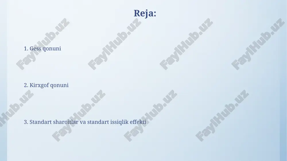 nday deydi: har qanday tugunda kiruvchi toklar yig'indisi chiquvchi toklar yig'indisiga teng, ya'ni ∑i_kiruvchi = ∑i_chiquvchi, energiyaning saqlanish qonuniga asosan. kirxgofning kuchlanish qonuni yopiq zanjirdagi kuchlanish tushishlarining algebraik yig'indisi nolga tengligini aytadi, ya'ni ∑v = 0. bu, energiya saqlanishi qonunining yana bir ifodasidir. kirxgof qonunining hess qonuni bilan bog'liqligi kirxgof qonuni hess qonunini aniqlashtiradi, chunki u reaktsiya issiqligi haroratga bog'liqligini ko'rsatadi. δh = σnδh(mahsulotlar) - σnδh(reagentlar) formulasi kirxgof yordamida har xil haroratga moslanadi. kirxgof tenglamasi hess qonunidagi standart sharoitlardan chetga chiqishni hisobga oladi. cₚ qiymatlari orqali, kirxgof reaksiya issiqligining t1 dan t2 gacha bo'lgan o'zgarishini aniq hisoblash imkonini beradi. standart sharoitlarning ta'rifi standart sharoitlar, termokimyoda, 298.15 kelvin (25 °c) temperatura va 100 kilopaskal (1 bar) bosim ostida moddalarning termodinamik xususiyatlarini o'lchash uchun belgilangan standart hisoblanadi. standart sharoitlarda erigan moddalarning konsentratsiyasi 1 mol/litr (1 m) deb qabul qilinadi. bu qat'iy belgilanish, solishtirish mumkin bo'lgan termokimyoviy ma'lumotlarni ta'minlaydi. standart bosim va temperatura …