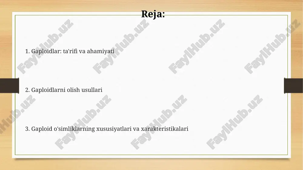 hi tufayli, ayrim o'simliklarda haploidlar paydo bo'lishi mumkin. misol uchun, hordeum bulbosum bilan gibridlashda arpa (hordeum vulgare) haploidi olinadi. anter madaniyati va mikroporalar madaniyati anter madaniyati, erta mikrosporalar davrida, diploid sporofit o'rniga haploid kallus yoki embrioidlarni shakllantirish uchun changdonni in vitro sharoitida o'stirishni o'z ichiga oladi. mikrosporalar madaniyati yakka holdagi chang zarrachalarini (mikrosporalar) ajratib olish va haploid o'simliklarni tiklash uchun sun'iy ozuqa muhitida o'stirishdan iborat, unumdorlikni oshiradi. ikkala usulda ham, stress omillari, masalan, harorat shoki (4-35°c) yoki ochlik, mikrosporalar rivojlanish yo'nalishini sporofit yo'lga o'zgartirishga sabab bo'ladi va haploidlarni hosil qiladi. gaploid induksiyasi uchun kimyoviy moddalar va nurlanish nurlanish usullari, xususan gamma nurlanishi, dnkga zarar yetkazadi va o'simliklarning unuvchanligini pasaytiradi, lekin ba'zi o'simlik turlarida 10 gy dan 50 gy gacha dozalarda haploid hosil bo'lishiga olib kelishi mumkin. kolxitsin - bu mikrotubulalarning polimerizatsiyasini buzuvchi kimyoviy modda bo'lib, xromosomalarning ajralishini oldini oladi va 0,01% dan 0,1% gacha konsentratsiyada haploid induktsiyasida qo'llaniladi. etrell (2-chloroethyl …