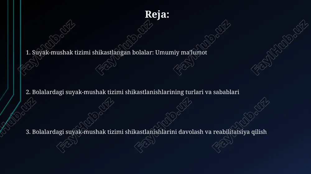 onal buzilishlarni kamaytirish uchun zarur. fizioterapiya va mashqlar jarohatdan keyin bolalarning kuchini, moslashuvchanligini va harakat diapazonini tiklashda muhim rol o'ynaydi, ayniqsa 6-8 haftalik sinishdan keyin. e'tiboringiz uchun rahmat image1.png