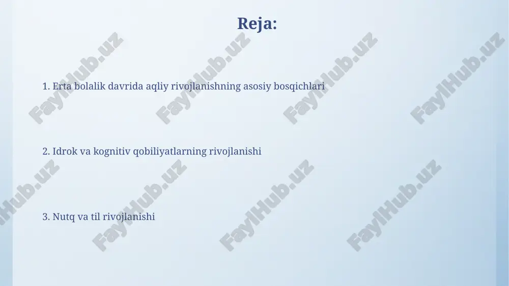 arga javob berish va murakkabroq gaplarni tuzish qobiliyatiga ega bo'ladilar. idrokning rivojlanishi 2 yoshdan 3 yoshgacha bo'lgan davrda bola atrof-muhitni faol o'rganadi, narsalarni manipulatsiya qiladi va oddiy muammolarni hal qilish uchun vizual-harakatli idrokni ishlatadi. maktabgacha yoshdagi bolalarda (3-6 yosh) diqqatni jamlash qobiliyati ortadi, xotira yaxshilanadi va nutq rivojlanishi bilan bog'liq holda fikrlash jarayonlari murakkablashadi. xotiraning rivojlanishi 3-4 yoshda xotira bevosita bo'ladi: bola vizual tasvirlarga asoslanib eslaydi, tahlil qilish qobiliyati hali rivojlanmagan. takrorlash orqali 5-6 elementni qisqa muddatga eslab qolishi mumkin. erta bolalikda xotira asosan ixtiyorsiz bo'ladi, ya'ni bola narsalarni maqsadli ravishda emas, balki emotsional ta'siri ostida eslab qoladi. o'yinlar bu jarayonda muhim rol o'ynaydi. diqqatning rivojlanishi erta bolalikda diqqat asosan beixtiyoriy bo'ladi, ya'ni bola ob'ektga ongli ravishda emas, balki uning yorqinligi yoki harakatiga ko'ra e'tibor qaratadi. 3 yoshli bolalar odatda bir vazifaga 5-10 daqiqa davomida e'tibor qaratishlari mumkin, lekin 5 yoshga kelib bu vaqt 15-20 daqiqagacha oshishi mumkin. tasavvurning rivojlanishi …