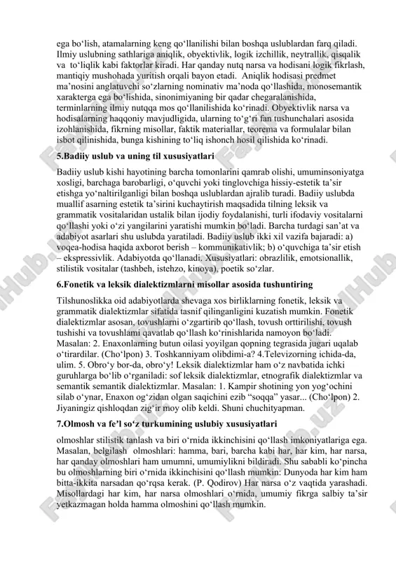 xususiyatlari: lo‘nda, obrazli, ta’sirchan ifodalar, ommabop so‘zlar, ritorik savollar, publitsistik frazeologizmlar. 3. rasmiy uslub va uning til xususiyatlari huquqiy qonunchilik va ish yuritish munosabatlari doirasida qo‘llaniluvchi nutq uslubi esa rasmiy uslub hisoblanadi. rasmiy uslub tilining asosiy xususiyati aniqlik va ixchamlik, unda muayyan nutqiy shtamplar, kasbga oid so‘zlar, atamalar, tayyor sintaktik qurilmalar keng qo‘llanilib, nutqning aniq va ravshan ifodalanishini ta’minlaydi. rasmiy uslub quyidagi turlarga bo‘linadi: 1. sof qonunchilik uslubi (qonun, fuqarolik va jinoiy aktlar, nizomlar uslubi). 2. idoraviy uslub – devonxona uslubi (buyruq, ariza, talabnoma, bildirgi, tavsifnoma, tarjimayi hol, ishonchnoma, dalolatnoma); diplomatik uslub (nota, bayonotnoma, bitim, konvensiya va boshqalar). 4.ilmiy uslub va uning til xususiyatlari ilm-fan sohasida qo‘llaniluvchi nutq uslubi ilmiy uslub hisoblanadi. ilmiy uslub daliliy ma’lumotnomalar asosida chiqarilgan ilmiy xulosalarga (ta’rif-qoidalarga) ega bo‘lish, atamalarning keng qo‘llanilishi bilan boshqa uslublardan farq qiladi. ilmiy uslubning sathlariga aniqlik, obyektivlik, logik izchillik, neytrallik, qisqalik va to‘liqlik kabi faktorlar kiradi. har qanday nutq narsa va …