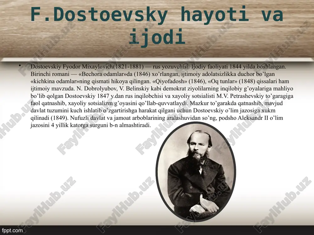 had, bepoyon uqubatlar, inson ruhiyatining hayratomuz g’alayonlari aks ettiriladi. asarning tematik tahlili asarning asosiy mavzusi jamiyatning aksariyat qismini qiynab kelgan zulm va qashshoqlik bo'lib, uning hech kimni qiziqtirmagan achinarli holati. shuningdek, qiyinchilik, qashshoqlik, ijtimoiy tengsizlik oqibatida shaxsning oziga o’zi isyoni aks ettirilgan. romanda ko'tarilgan yolg'on e'tiqod muammosi har doim ham dolzarbdir. raskolnikovning jinoyatni yaxshi maqsadlarda qilish ehtimoli to'g'risida ochilgan nazariya halokat bilan yakun topadi. dostaevsky o’z asarida hayotga xristian qarashlarni tadbiq qila oldi: yaxshilik qilish, jamiyat uchun o’zini qurbon etish. aynan shu qarash rodion roskolnikovni asar yakunida o’zini qiynab kelgan vijdon azobidan qutulishga yordam berdi. asar asosiy mavzusi roman markazida mangu hal bo’lmas muommolar qo’yiladi. u ham bo’lsa odamzodni qanday qilib baxtga erishtirish mumkin. odamzodni ayni shu baxtga loyiqmi, uni kim baxtga yetaklaydi,kuni o’tganidan,qorni to’yganidan xursand bo’lib yuraveradigan hayvonmi yohud u kelgan dunyoda ideal mavjudodmi kabi g’oyalar ilgari suriladi. asarning asosiy g’oyasi roman bosh qahramon ichki kechinmalari, uning jamiyatga bolgan …