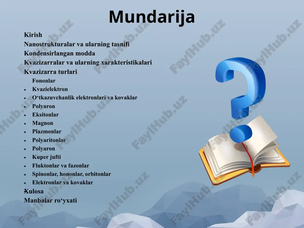 ng (moddalar, materiallar, tuzilmalar) umumiy nomi. 1. nanostrukturalar va ularning tasnifi tirik tabiat asosan birlik va o‘nlab nanometrli elementlar va bloklardan iborat. masalan, mollyuskalarning chig‘anoqlari, sochlar, qurum, gul changlari, sement nanostrukturali bo‘lib, juda qadimdan ma’lum bo‘lgan va ishlatilgan g‘ayrioddiy xususiyatlarga ega. xx asrning o‘rtalaridan boshlab olimlarning e’tibori nanometr masshtabli (10-7 – 10-9) m obyektlarga qaratildi. nanoo‘lchamlar darajasi klassik mexanika qonunlaridan kvant mexanikasi qonunlari harakatiga o‘tish darajasidir. 1. nanostrukturalar va ularning tasnifi nanostrukturalarning tasnifi: o‘lchamlar; morfologiya (geometrik shaklda); agregat holatiga; strukturaviy elementlarning o‘zaro fazoviy joylashuvi va boshqalar. o‘lchamlari bo‘yicha nanostrukturalar quyidagilarga bo‘linadi: nol o‘lchamli (0d) klasterlar va nanozarralar (nanozarralar); bir o‘lchamli (1d) tolali; ikki o‘lchamli (2d) plyonkali va ko‘p qatlamli; uch o‘lchamli polikristall nanostrukturalar (3d). morfologiya (geometrik shakli) ularning tarkibi, kristall tuzilishi va olinish usuliga bog‘liq. sferik, sterjenli naysimon, ignasimon va boshqa shakldagi 1-rasm. karbit vanadiy nanotuzilishi. 2-rasm. yarimo‘tkazgichli nanostrukturalarning turlari: a- kadmiy selenid cdse ning kvant nuqtasi; b - molibden …