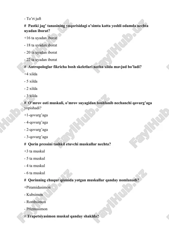 landi? +alkmeon - lisipp - siluet - morgan # suyaklarning bir-biri bilan choklar yordamida birlashish g’oyasini kim ilgari surdi? +gippokrat - gegel - feyerbax - kardovskiy # «tib qonunlari» majmuasini qaysi olim yaratgan? +sino - naqshband - amushevron - samarkandiy # odam, qush va xayvonlar anatomiyasini mukammal o’rgangan ijodkor rassom? +leonardo - tician - kurbe - mone # o’rta barmoqda nechta falanga bor? +uchta - to’rtta - beshta - oltita # jimjiloq barmoqda nechta falanga bor? +uchta - to’rtta - beshta - oltita # inson tanasida nechta toq suyak bor? +36 ta - 33 ta - 38 ta - 39 ta # odam skeletining o’rtacha og’irligi necha kg? +5-6 kg - 6-8 kg - 10-12 kg - 14-16 kg # inson suyaklarining o’sishi necha yoshgacha davom etadi? +25 - 24 - 23 - 26 # ikki suyakni bir-biriga birikish qanday ataladi? +murakkab bo’g’im - sodda bo’g’im - oddiy bo’g’im - …