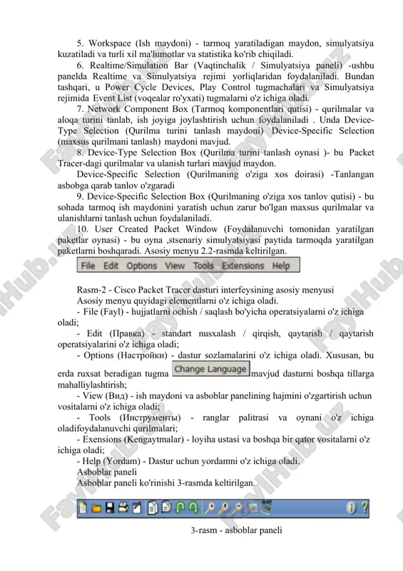 ilma turini tanlash oynasi )- bu packet tracer-dagi qurilmalar va ulanish turlari mavjud maydon. device-specific selection (qurilmaning o'ziga xos doirasi) -tanlangan asbobga qarab tanlov o'zgaradi 9. device-specific selection box (qurilmaning o'ziga xos tanlov qutisi) - bu sohada tarmoq ish maydonini yaratish uchun zarur bo'lgan maxsus qurilmalar va ulanishlarni tanlash uchun foydalaniladi. 10. user created packet window (foydalanuvchi tomonidan yaratilgan paketlar oynasi) - bu oyna ,stsenariy simulyatsiyasi paytida tarmoqda yaratilgan paketlarni boshqaradi. asosiy menyu 2.2-rasmda keltirilgan. rasm-2 - cisco packet tracer dasturi interfeysining asosiy menyusi asosiy menyu quyidagi elementlarni o'z ichiga oladi. · file (fayl) - hujjatlarni ochish / saqlash bo'yicha operatsiyalarni o'z ichiga oladi; · edit (pravka) - standart nusxalash / qirqish, qaytarish / qaytarish operatsiyalarini o'z ichiga oladi; · options (nastroyki) - dastur sozlamalarini o'z ichiga oladi. xususan, bu erda ruxsat beradigan tugma mavjud dasturni boshqa tillarga mahalliylashtirish; · view (vid) - ish maydoni va asboblar panelining hajmini o'zgartirish …