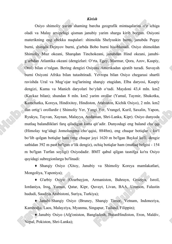 yaman, qatar, kipr, quvayt, livan, baa, ummon, falastin hududi, saudiya arabistoni, suriya, turkiya); ♦ janubi-sharqiy osiyo (bruney, sharqiy timor, vetnam, indoneziya, kambodja, laos, malayziya, myanma, singapur, tailand, filippin); ♦ janubiy osiyo (afg'oniston, bangladesh, butanhindiston, eron, maldiv, nepal, pokiston, shri-lanka); ♦ markaziy osiyo (qozog‘iston, qirg'iziston, tojikiston, turkmaniston, o‘zbekiston). osiyoda 4,227 mln. aholi yashaydi (2012) va bu ko‘rsatkich yer yuzining 60,6 foiz aholisini tashkil etadi. xxr va hindiston mamlakatlarining aholisi qo‘shib hisoblaganda butun dunyo aholisining 40 foizni tashkil qiladi. mintaqadagi 7 davlat 100 mln. dan ortiq aholiga ega (yuqorida nomlari zikr qilingan mamlakatlardan tashqari - indoneziya, pokiston, bangladesh, yaponiya va filippin). hozir osiyoda etnik taraqqiyot jihatidan turli.pog‘onada turgan mingdan ortiq xalqlar yashaydi. 1 mln. dan ortiq 90 xalq 2400 mln. kishidan iborat bo‘lib, butun osiyo aholisining 97,4 foizini tashkil qiladi. shulardan oltitasi 50 mln. dan ortiq, 21 tasi 10 mln. dan to 50 mln. ga yaqin aholiga ega bo‘lgan xalqlardir. qit’ada aholi …