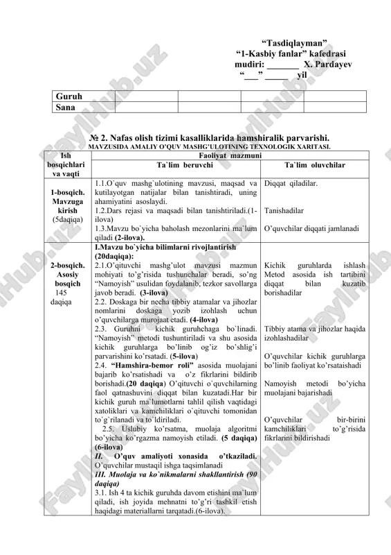 g ahamiyatini asoslaydi. 1.2.dars rejasi va maqsadi bilan tanishtiriladi.(1-ilova) 1.3.mavzu bo`yicha baholash mezonlarini ma`lum qiladi (2-ilova). diqqat qiladilar. tanishadilar o’quvchilar diqqati jamlanadi 2-bosqich. asosiy bosqich 145 daqiqa i.mavzu bo`yicha bilimlarni rivojlantirish (20daqiqa): 2.1.o’qituvchi mashg’ulot mavzusi mazmun mohiyati to’g’risida tushunchalar beradi, so’ng “namoyish” usulidan foydalanib, tezkor savollarga javob beradi. (3-ilova) 2.2. doskaga bir necha tibbiy atamalar va jihozlar nomlarini doskaga yozib izohlash uchun o’quvchilarga murojaat etadi. (4-ilova) 2.3. guruhni kichik guruhchaga bo`linadi. “namoyish” metodi tushuntiriladi va shu asosida kichik guruhlarga bo’linib og’iz bo’shlig’i parvarishini ko’rsatadi. (5-ilova) 2.4. “hamshira-bemor roli” asosida muolajani bajarib ko’rsatishadi va o’z fikrlarini bildirib borishadi.(20 daqiqa) o’qituvchi o`quvchilarning faol qatnashuvini diqqat bilan kuzatadi.har bir kichik guruh ma`lumotlarni tahlil qilish vaqtidagi xatoliklari va kamchiliklari o`qituvchi tomonidan to`g`rilanadi va to`ldiriladi. 2.5. uslubiy ko’rsatma, muolaja algoritmi bo’yicha ko’rgazma namoyish etiladi. (5 daqiqa)(6-ilova) ii. o’quv amaliyoti xonasida o’tkaziladi. o’quvchilar mustaqil ishga taqsimlanadi iii. muolaja va ko`nikmalarni shakllantirish (90 daqiqa) 3.1. ish 4 …