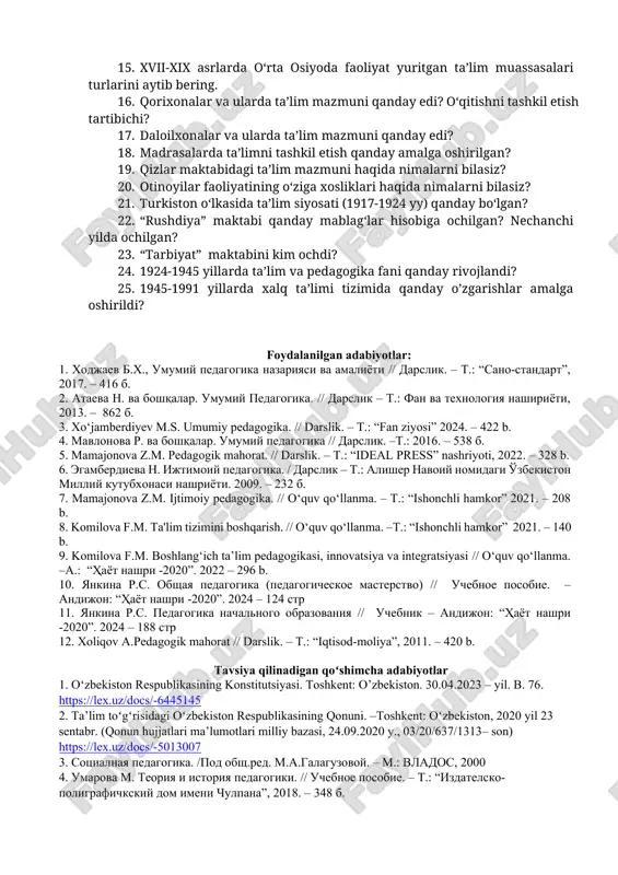 asrdan xiv asrning birinchi yarmigacha o’rta osiyodagi ta’lim muassasalari turlarini bilasiz? 15. xvii-xix asrlarda o‘rta osiyoda faoliyat yuritgan ta’lim muassasalari turlarini aytib bering. 16. qorixonalar va ularda ta’lim mazmuni qanday edi? o‘qitishni tashkil etish tartibichi? 17. daloilxonalar va ularda ta’lim mazmuni qanday edi? 18. madrasalarda ta’limni tashkil etish qanday amalga oshirilgan? 19. qizlar maktabidagi ta’lim mazmuni haqida nimalarni bilasiz? 20. otinoyilar faoliyatining o‘ziga xosliklari haqida nimalarni bilasiz? 21. turkiston o‘lkasida ta’lim siyosati (1917-1924 yy) qanday bo‘lgan? 22. “rushdiya” maktabi qanday mablag‘lar hisobiga ochilgan? nechanchi yilda ochilgan? 23. “tarbiyat” maktabini kim ochdi? 24. 1924-1945 yillarda ta’lim va pedagogika fani qanday rivojlandi? 25. 1945-1991 yillarda xalq ta’limi tizimida qanday o’zgarishlar amalga oshirildi? foydalanilgan adabiyotlar: 1. xodjaev b.x., umumiy pedagogika nazariyasi va amaliyoti // darslik. – t.: “sano-standart”, 2017. – 416 b. 2. ataeva n. va boshqalar. umumiy pedagogika. // darslik – t.: fan va texnologiya nashiriyoti, 2013. – 862 b. 3. xo‘jamberdiyev …