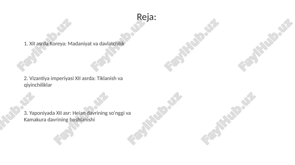 ulolchiligining yuqori cho'qqisi kuzatildi, unda nozik nefrit rangli sir va nafis shakllar bilan ajralib turadigan buyumlar yaratildi. goryeo davrida buddist matnlari va tripitaka koreana nashr etildi, bu buddizmning o'rganilishiga va tarqalishiga katta hissa qo'shdi va bosmaxona texnologiyasini rivojlantirdi. xii asrda koreyada aristokratik madaniyat gullab-yashnadi, she'riyat, musiqa va xattotlik san'ati keng tarqaldi, saroy hayoti esa hashamat va nafosatga ega edi. vizantiya: imperiya tanazzuli 12-asrda vizantiya imperiyasi siyosiy parchalanishni boshidan kechirdi, imperator ioann ii komnin va manuel i komninning harakatlariga qaramay, hokimiyat zaiflashdi. to'rtinchi salib yurishi 1204-yilda konstantinopolni talon-toroj qildi, bu vizantiya imperiyasining qulashiga olib keldi va bir nechta grek davlatlarining shakllanishiga sabab bo'ldi. 12-asrda vizantiyada madaniy yuksalish kuzatildi, san'at, adabiyot va falsafa rivojlandi, lekin bu gullash uzoq davom etmadi, chunki imperiya tanazzulga yuz tutdi. vizantiya: san'at va adabiyot vizantiya san'ati 12-asrda mozaikalar va ikonalar yaratishda realizmga intilish bilan ajralib turardi, kompozitsiyalar yanada murakkablashdi. vizantiya adabiyoti shu davrda epik she’riyat va tarixiy …