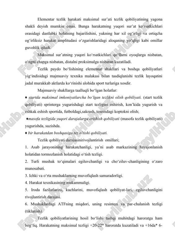majmuaviy texnika malakasi bilan tasdiqlanishi tezlik layoqatini jadal murakkab aktlarda ko‘rinishi alohida sport turlariga xosdir. majmuaviy shakllarga taalluqli bo‘lgan holatlar: ♦ startda maksimal imkoniyatlarcha bo‘lgan tezlikni olish qobiliyati. (start tezlik qobiliyati) sprinterga yugurishdagi start tezligini oshirish, kon’kida yugurish va eshkak eshish sportida, futboldagi,sakrash, tennisdagi koptokni olish; ♦masofa tezligida yuqori darajalarga erishish qobiliyati (masofa tezlik qobiliyati) yugurishda, suzishda. ♦ bir harakatdan boshqasiga tez o‘tishi qobiliyati. tezlik qobiliyati darajasinirivojlantirish omillari; 1. asab jarayonining harakatchanligi, ya’ni asab markazining hayajonlanish holatidan tormozlanish holatidagi o‘tish tezligi. 2. turli mushak to‘qimalari egiluvchanligi va cho‘ziluv-chanligining o‘zaro munosabati. 3. ichki va o‘rta mushaklarning muvofiqlash samaradorligi. 4. harakat texnikasining mukammaligi. 5. iroda fazilatlarini, kuchlarini, muvofiqlash qobiliyat-lari, egiluvchanligini rivojlantirish darajasi. 6. mushaklardagi atfning miqdori, uning resintezi va par-chalanish tezligi (tiklanish). tezlik qobiliyatlarining hosil bo‘lishi tashqi muhitdagi haroratga ham bog‘liq. harakatning maksimal tezligi +20-22* haroratda kuzatiladi va +16da* 6-9% ga tushib ketadi, shuning uchun inson tezlik qobiliyatlari o‘ziga xos xususiyatlarga ega. …