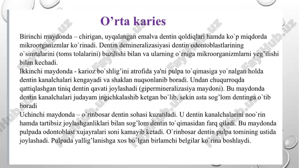 usulda karies kavaklarni immun zonalargacha kengaytirish talab etilmaydi. emal va dentinni faqat zararlangan sohagacha charxlash kerakligi e'tirof etiladi. karies kavagini asosiy charxlash bosqichlari: 1. karies kavagini ochish; 2. nekroektomiya; 3. bo'shliqni shakllantirish; 4. kavak chetlariga ishlov berish. karies bo'shlig'ini kengaytirish. karies kasalligi jarayonining tarqalishining oldini olish hamda karies kavagi tubini ko‘rish va unga ishlov berish maqsadida yumshagan dentin to‘qimasi devorlardan olinadi. asosan, hajmi katta bo'lgan silindrsimon, konussimon borlar ishlatiladi. nekroektomiya jarayonida yumshagan dentin va pigmentlangan emal va dentin to’qimasi sog'lom to’ qimasigacha to’liq olinadi. bu muolaja fissur va sharsimon asbobda bajarilsa, maqsadga muvofiq bo'ladi, qattiqlashgan pigmentli dentin to‘qimasi esa sharsimon asbobda olinadi. karioz bo'shligini shakllantirish. bu jarayon, asosan, plomba ashyosi mustahkam turishini ta'minlaydi. shakllantirish umum-qabul qilingan tamoyillar asosida olib borilib, har xil karies bo'shliqlarini shakllantirishda rioya qilinishi zarur bo'lgan yo'nalishlardir. e’tiboringiz uchun rahmat! image3.png image4.png image5.png image6.png image7.png image8.png image9.png image10.png image1.png /docprops/thumbnail.jpeg