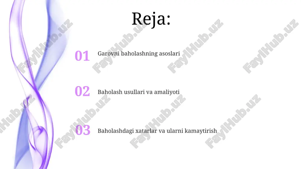 , jumladan, 15% foyda va qo'shimcha xarajatlar hisobga olinadi. baholashga ta'sir etuvchi omillar va xavflar bozor sharoitlari, masalan, foiz stavkalarining o'zgarishi va talabning kamayishi garov qiymatiga sezilarli ta'sir ko'rsatib, likvidlik xavfini oshirishi mumkin. garovning jismoniy holati, jumladan, eskirish, shikastlanish yoki texnik xizmatning yo'qligi uning bahosini pasaytiradi, bu esa tiklash qiymatini kamaytiradi. baholash natijalarini qo'llash va monitoring baholash natijalari kredit limitlarini aniqlashda qo'llaniladi, garov qiymatining 70-80%i kreditlash uchun asos bo'lib, risklarni minimallashtiradi va optimal foiz stavkalarini ta'minlaydi. garov monitoringi kredit muddati davomida garov holatini kuzatishni o'z ichiga oladi; har 6-12 oyda garovning jismoniy holati va bozor qiymati tekshiriladi. e'tiboringiz uchun rahmat image4.jpg image5.jpg image6.jpg image7.jpg image8.jpg image9.jpg image10.jpg image1.jpeg image2.jpeg image3.jpeg