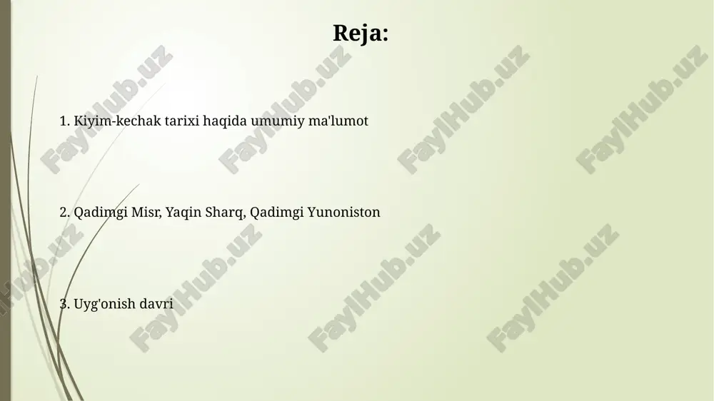 namoyishi edi. ayollar liboslari 1400-yillarda yuqori bel chizig'iga ega bo'lib, keng yubkalari va murakkab bezaklari bilan ajralib turardi, bu davrning nafisligini aks ettirardi. vaqt jadvali: asosiy davrlar qadimgi misrda zig'ir tolasi miloddan avvalgi 4000-yillarda kiyim uchun asosiy material bo'lgan, ranglar oddiy, ko'pincha oq rangda bo'lgan, bezaklar kam ishlatilgan. renessans davri 14-asrdan 17-asrga qadar davom etgan, bu davrda modalar hashamatli bo'lib, murakkab bichimlar, zargarlik buyumlari va qimmatbaho matolar keng qo'llanilgan. materiallar va texnologiyalar: qadimdan renessansgacha qadimgi misrda zig'ir tolasi miloddan avvalgi 5000-yillarda keng tarqalgan bo'lib, yengil va qulay matolar ishlab chiqarish uchun ishlatilgan, bu issiq iqlimga mos edi. qadimgi yaqin sharqda qo'y junidan to'qimachilik mahsulotlari miloddan avvalgi 3000-yillarda muhim rol o'ynagan, dastlabki dastgohlar esa mato yaratishni tezlashtirgan. qadimgi misr: faraonlar va oddiy xalq liboslari faraonlar qimmatbaho toshlar bilan bezatilgan, 12 ta ranggacha bo'lgan murakkab kashtalar bilan bezatilgan zig'ir matolaridan tikilgan tantanali kiyimlarni kiyishgan, bu ularning ilohiyligini aks ettirgan. oddiy xalq odatda …