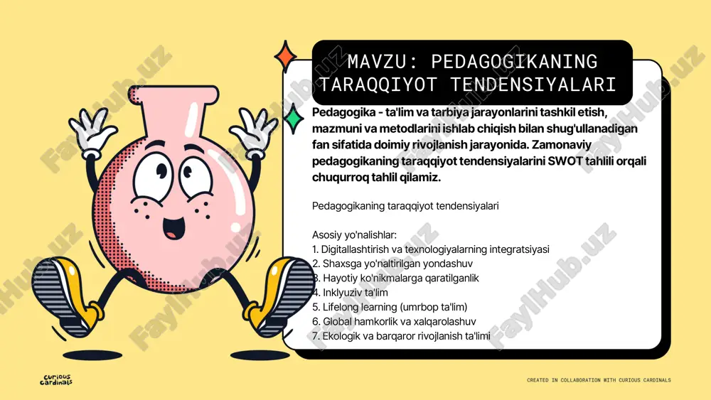 alarini baholash tizimining yetarlicha ishlab chiqilmaganligi 1. texnologik taraqqiyot · sun'iy intellekt va vr/ar texnologiyalarining pedagogikada qo'llanilishi · onlayn ta'lim platformalarining rivojlanishi · shaxsiylashtirilgan o'quv dasturlarini yaratish imkoniyati 2. global hamkorlik · xalqaro tajriba almashinuvi · qiyosiy tadqiqotlar olib borish imkoniyatlari · jahon ta'lim standartlariga integratsiya 3. ijtimoiy ehtiyojlarning o'zgarishi · yangi kasblarga tayyorlash talabi · umrbop ta'lim bozorining kengayishi · individual ta'limga bo'lgan talabning oshishi 4. davlat siyosatidagi o'zgarishlar · ta'lim sohasidagi islohotlar · innovatsion loyihalarni moliyalashtirish · xususiy-sheriklik loyihalari imkoniyatlar (opportunities) xavflar (threats) 1. tez o'zgaruvchan texnologik muhit · pedagogik usullarning tez eskirishi · o'qituvchilarning doimiy o'qishga majbur bo'lishi 2. iqtisodiy beqarorlik · ta'lim byudjetining qisqarishi · resurslar yetishmovchiligi 3. ijtimoiy tengsizlik · raqamli tafovut (digital divide) · turli mintaqalar o'rtasidagi ta'lim sifati farqlari 4. global muammolar · pandemiyalar va tabiiy ofatlar · siyosiy beqarorliklar · madaniy qarama-qarshiliklar taklif etilgan strategiyalar: 1. so strategiyalari (kuchli tomonlar + imkoniyatlar) …