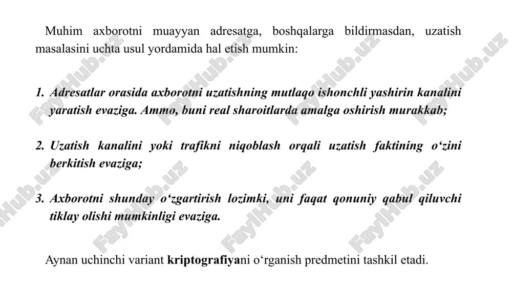. shifrlash – bu algoritm va kalit asosida aniq matnni kriptografik o‘zgartirishni odatda qo‘llash jarayoni, natijada shifrlangan matn. aks shifrlash (deshirrlash)- bu oddiy matnga shifrlangan matnni kriptografik usulda konvertatsiya qilishning normal jarayoni. kriptografiyaning asosiy tushunchalari kriptotahlil – bu ma’lumotlarning maxfiyligi va yaxlitligini buzishning matematik usullarini o‘rganadigan fan. kriptotahlilchi – bu kriptanaliz usullarini yaratuvchi va qo‘llaydigan olim. kriptografik hujum – bu kriptoanalizatorning hujumga uchragan xavfsiz ma’lumot almashish tizimida og‘ishlarni keltirib chiqarishga urinishi kriptografiyaning asosiy tushunchalari kriptobardoshlik- bu kriptografik algoritmning kriptoanalizga qarshi turish qobiliyati. kodlash – ma’lumotlarni osongina asliga qaytarish uchun hammaga (hattoki hujumchiga ham) ochiq bo‘lgan sxema yordamida ma’lumotlarni boshqa formatga o‘zgartirish. kodlash ma’lumotlardan foydalanish qulayligini ta’minlash uchun amalga oshiriladi va hamma uchun ochiq bo‘lgan sxemalardan foydalanadi. steganografiya – bu maxfiy xabarni sohta xabar ichiga berkitish orqali aloqani yashirish hisoblanadi. boshqacha aytganda, steganografiyaning asosiy g‘oyasi - maxfiy ma’lumotlarning mavjudligi haqidagi shubhani oldini olish. kriptografiyaning asosiy tushunchalari kriptotizimni ikki tarkibli algoritm va …