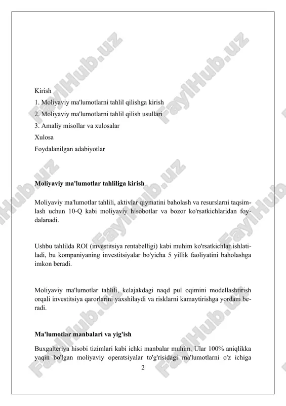 anani aniqlash va 50% dan yuqori qiymatlarni taqdim etish. ushbu statistika turli o'lchamlarni, masalan, standart og'ish (standard deviation)ni hisoblash orqali ma'lumotlar to'plamidagi o'zgaruvchanlikni (variability) tushunishga yordam beradi, diapazonni belgilash va 25% kvartillarni aniqlash. tavsifiy statistika grafiklarni (masalan, gistogrammalar) va diagrammalarni (masalan, tarqalish diagrammalari) ishlatib, ma'lumotlarni vizual tarzda tasvirlaydi, bu esa 80% to'plam xususiyatlarini tushunishni osonlashtiradi. vizualizatsiya usullari grafiklar va diagrammalar 100% lik ko'rsatkichlar, o'sish sur'atlari va taqqoslash uchun juda qulay. masalan, chiziqli grafika va ustunli diagrammalar trendlarni aniqlashga yordam beradi. issiqlik xaritalari korrelyatsiyani aniqlash uchun foydali, masalan, aktivlar orasidagi bog'liqlikni. rang kodlari ma'lumotlardagi eng yuqori va past qiymatlarni tezda ko'rsatadi. scatter plot (tarqalish diagrammasi) 2 ta o'zgaruvchi orasidagi munosabatni vizualizatsiya qilish uchun ishlatiladi. regression chizig'i (chiziqli regressiya) munosabatni aniqlashga yordam beradi. vaqt seriyalari tahlili vaqt seriyalari tahlili o'tmishdagi ma'lumotlar asosida kelajakdagi qiymatlarni bashorat qilish uchun avtokorrelyatsiya va harakatlanuvchi o'rtacha kabi statistik usullarni qo'llaydi, masalan, keyingi oyda sotuvlar 15% ga oshishini …