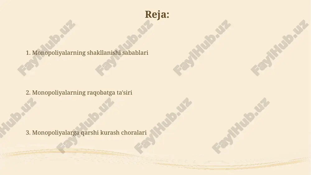 iradi. raqobatning yo'qligi tufayli, innovatsiyalar 30-40 foizga kamayishi mumkin, bu iste'molchilarga yangi va yaxshiroq mahsulotlardan foydalanish imkoniyatini cheklaydi. innovatsiyalar va samaradorlikka ta'siri monopoliyalar innovatsiyalarni susaytirishi mumkin, chunki 100% bozor ulushiga ega kompaniyalar yangi mahsulotlarni ishlab chiqishga 2 barobar kam mablag' sarflashi mumkin. raqobatning yo'qligi samaradorlikning pasayishiga olib keladi; monopoliyalar xarajatlarni kamaytirish uchun texnologiyalarni joriy etishga 3 barobar kam e'tibor berishlari mumkin. hukumatning aralashuvi va tartibga solish hukumat monopoliyalarni tartibga solish uchun antitrust qonunlarini qabul qiladi, bu qonunlar raqobatga qarshi xatti-harakatlarni, masalan, narxlarni belgilash va birlashmalarni oldini olishga qaratilgan, 1890-yildagi sherman antitrust qonuni misol bo'la oladi. narxlarni nazorat qilish orqali hukumat monopoliyalar tomonidan olinadigan narxlarni cheklashi mumkin, bu iste'molchilarni himoya qiladi va bozorning buzilishiga yo'l qo'ymaydi, lekin bu mahsulot yetishmovchiligiga ham olib kelishi mumkin. monopoliyalarga qarshi kurash siyosati monopoliyaga qarshi kurash siyosati raqobatni himoya qilishga qaratilgan bo'lib, uning asosiy maqsadi bozorlarda samaradorlikni oshirish va iste'molchilarga foyda keltirishdan iboratdir. davlat monopoliyaga qarshi …