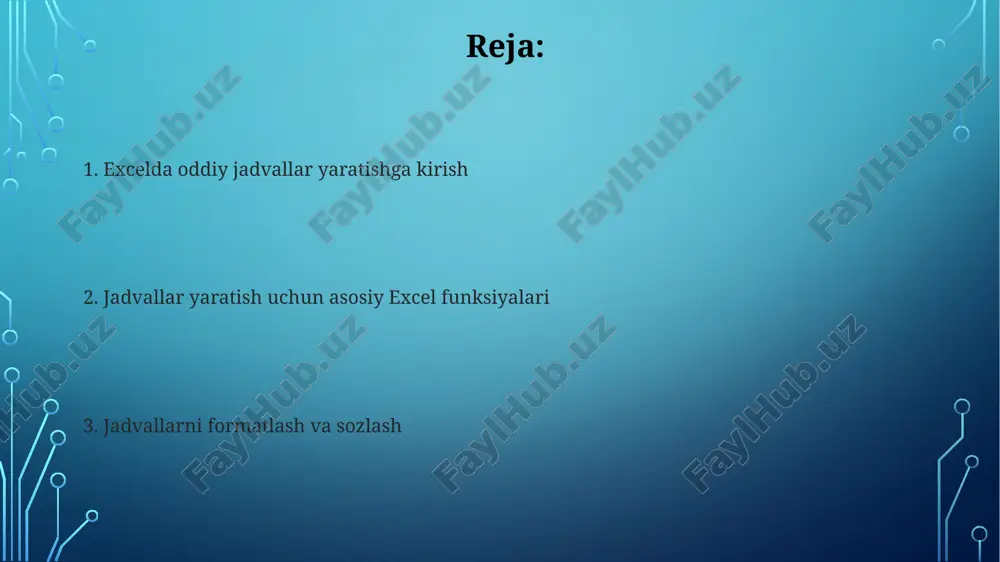 ida aniqroq oʻlchash uchun. qator balandligini punktlarda (masalan, 12 punkt) aniqlash mumkin, bu qatordagi matnning oʻqilishi uchun muhim, 1 punkt taxminan 1/72 dyuymga tengligini hisobga oling. formatlash (shrift, rang, hoshiya) shrift oʻlchamini excelda oʻzgartirish, masalan, 12 pt dan 14 pt ga oʻtkazish, ma'lumotlarning oʻqilishini yaxshilaydi, ayniqsa katta jadvalda 1000 qator maʼlumot mavjud boʻlsa. ranglar jadvalning vizual qulayligini oshiradi; misol uchun, toq qatorlarni och kulrang (rgb: 220, 220, 220) bilan belgilash ma'lumotlarni 500 ta ustun boʻylab kuzatishni osonlashtiradi. formulalar va funksiyalar (yig'indi, o'rtacha) excel'dagi sum funksiyasi bir qator kataklardagi sonlarning yig'indisini hisoblash uchun ishlatiladi, masalan, =sum(a1:a10) a1 dan a10 gacha bo'lgan kataklarning yig'indisini beradi. average funksiyasi tanlangan kataklardagi qiymatlarning o'rtacha arifmetik qiymatini aniqlaydi; misol uchun, =average(b1:b5) b1 dan b5 gacha bo'lgan sonlarning o'rtachasini chiqaradi. filtrlash va saralash excelda filtrlash yordamida ma'lumotlarni 1 yoki undan ortiq ustun bo'yicha saralash mumkin, masalan, qiymati 100 dan katta bo'lgan mahsulotlarni ko'rsatish. saralashda a dan ya …