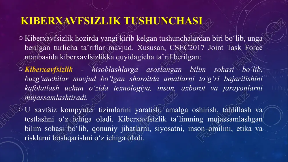 samlashgan bilim sohasi hisoblash bilim sohasi kompyuter injineriyasi axborot texnologiyalari axborot tizimlari dasturiy ta’minot injineriyasi kiberxavfsizlik fani sohasining tuzilishi kiberxavfsizlikni fundamental atamalari konfidensiallik axborot yoki uni eltuvchisining shunday holatiki, undan ruxsatsiz tanishishning yoki nusxalashning oldi olingan bo‘ladi. konfidensiallik axborotni ruxsatsiz “o‘qish”dan himoyalash bilan shug‘ullanadi yaxlitlik axborotning buzilmagan ko‘rinishida (axborotning qandaydir qayd etilgan holatiga nisbatan o‘zgarmagan shaklda) mavjud bo‘lishi ifodalangan xususiyati. yaxlitlik axborotni ruxsatsiz “yozish”dan (ya’ni, axborotni o‘zgartirishdan) himoyalash yoki kamida o‘zgartirilganligini aniqlash bilan shug‘ullanadi. foydalanuvchanlik avtorizatsiyalangan mantiqiy obyekt so‘rovi bo‘yicha axborotning tayyorlik va foydalanuvchanlik holatida bo‘lishi xususiyati. foydalanuvchanlik axborotni (yoki tizimni) ruxsatsiz “bajarmaslik”dan himoyalash bilan shug‘ullanadi. kiberxavfsizlikni fundamental atamalari risk potensial foyda yoki zarar bo‘lib, umumiy holda har qanday vaziyatga biror bir hodisani yuzaga kelish ehtimoli qo‘shilganida risk paydo bo‘ladi. iso “risk:- bu noaniqlikning maqsadlarga ta’siri” sifatida ta’rif bergan. hujum qilivchi shaxs kabi fikrlash bo‘lishi mumkin bo‘lgan xavfni oldini olish maqsadida qonuniy foydalanuvchining hujumchi kabi fikrlash jarayoni. tizimli fikrlash kafolatlangan …
