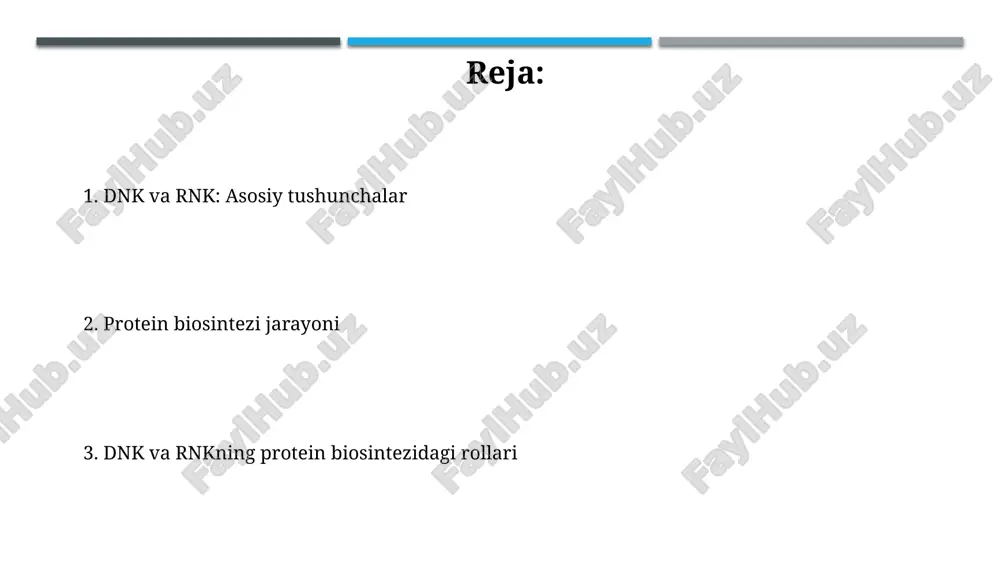 iatsiya faktori start kodoni augni aniqlaydi, translyatsiyani boshlab beradi. bu jarayon ribosomal subbirliklarning birikishini va trnkning bog'lanishini o'z ichiga oladi. oqsil biosintezining ahamiyati va tartibga solinishi oqsil biosintezi hujayralar tuzilishi va funktsiyalari uchun zarur bo'lgan 20 xil aminokislotalardan polipeptid zanjirlarini yaratadi, bu hayotiy jarayonlarni ta'minlaydi. gen ekspressiyasi orqali oqsil sintezi transkripsiya faktorlari, rnk tuzilishi va signalizatsiya yo'llari orqali qat'iy tartibga solinadi, bu hujayra ehtiyojlariga moslashishni ta'minlaydi. e'tiboringiz uchun rahmat image1.png image2.jpg image3.jpg image4.jpg