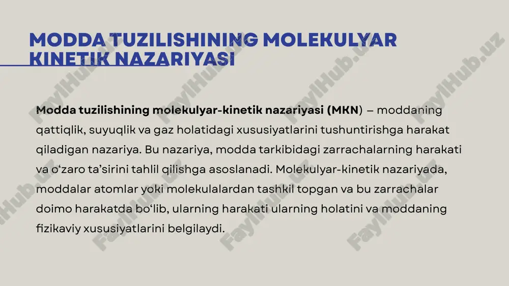 uning uchun gazlar o‘zgaruvchan va tabiiy ravishda har qanday idishga moslashadi. mkn nazariyasi, masalan, gazlarning termodinamikasi, suvning qaynash va muzlash nuqtalari, va boshqa fizikaviy hodisalarni tushuntirishda keng qo‘llaniladi. image1.png image2.jpeg image3.jpeg image4.jpeg /docprops/thumbnail.jpeg