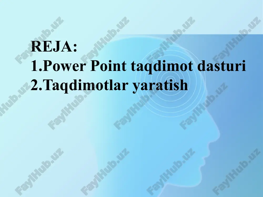 ratish va ularning turlarini, dizaynlarini va sarlavxalarini tanlash sichqoncha orqali amalga oshirilib, ishga tushirish uchun ok tugmasi bosiladi. animasion effektlar animasiya - bu, ob'ektlar, kameralar, yoruqlik manbalarining o’zaro joyini almashtirish yoki ularning parametrlarini vaqt bo’yicha o’zgarishiga ega bo’lgan vazifa yoki topshirikdir. xozirgi paytda kompyuterli grafika vositalarini ko’llashning ushbu soxasi kuchli rivojlanishni boshdan kechirmokda. misol uchun uolt disney studiyasi tomonidan bundan 50 yil mukaddam yaratilgan "oqqiz va yetti gnomlar« multfilmi birinchi animasion tasma bo’lgan. yoki 1991 yilda ushbu kompaniya tomonidan yaratilgan "soxibjamol va maxluk" mult-filmini ko’pchiligingiz sevib tomosha qilasiz. animasion effektlarni qo’llash uchun bichimlash uskunalari panelidagi tugmachasi bosiladi. uskunalar panelidagi asosiy elementlar bilan tanishib chiqamiz. 1.sarlavxa animasiyasi. bunda animasiya nomi yoziladi. 2.slayd matnlarining animasiyasi. matn yozilgan barcha slaydlarni ekranda namoyish etadi. 3.kirish effekti. bu piktogrammaga sichqoncha ko’rsatkichi keltirib bosilgandan so’ng, namoyish ekranida belgilarning chiqish tezliklari xosil bo’ladi. ya'ni, belgilarning ketma- ket tartibda chiqishi ta'minlanadi. 4.uchish effekti. belgilarning namoyish ekranida ketma-ket uchib …