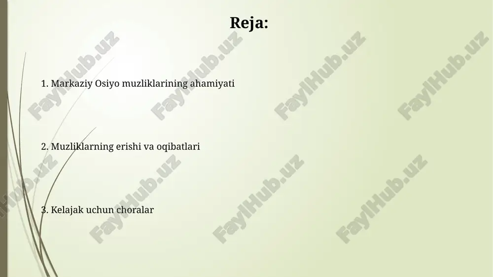 daryo oqimining o'zgarishi, jumladan, sirdaryo va amudaryo havzalarida 20-30% gacha suv resurslarining kamayishidir. iqlim o'zgarishining muzliklarga ta'siri iqlim o'zgarishi markaziy osiyo muzliklarining tez sur'atlar bilan erishiga sabab bo'lmoqda, bu esa 20-asrning o'rtalaridan buyon muzlik maydonining 30% dan ortig'ini yo'qotishga olib keldi. haroratning 1.5°c ga ko'tarilishi natijasida, markaziy osiyodagi muzliklar hajmining 50% gacha yo'qolishi mumkin, bu esa suv resurslariga jiddiy ta'sir ko'rsatadi. muzliklarning suv resurslariga ta'siri muzliklar erishi natijasida daryo oqimi dastlab 10-20 yil ichida ortadi, ammo keyin suv resurslari kamayib, qishloq xo'jaligi va energetikaga ta'sir qiladi. markaziy osiyo daryolarining 50-80 foizi muzliklar hisobiga to'yinadi. ularning erishi qurg'oqchilik davrida sug'orish va ichimlik suvining muhim manbai bo'lib xizmat qiladi. muzliklardagi xavf-xatarlar: muz ko'chkilari va sel muz ko'chkilari tog'li hududlarda jiddiy xavf tug'diradi, ayniqsa yoz oylarida erigan suv miqdori ortishi bilan 1000 m3 dan ortiq muz massasi qulashi mumkin. sel hodisalari muzliklar erishi natijasida hosil bo'lgan ko'llarning to'lib ketishi sababli yuzaga keladi, suv …