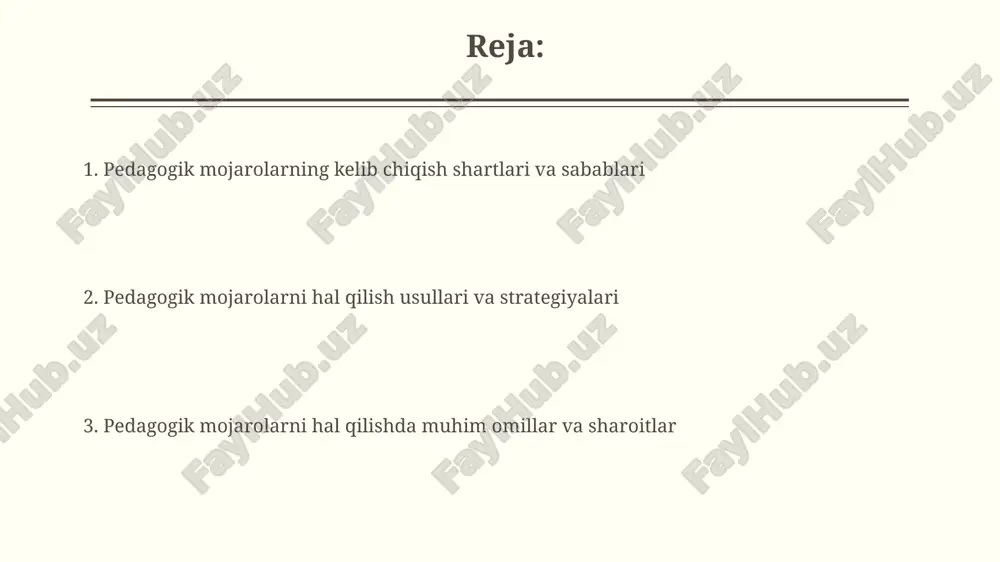 kchilarining o'zaro hurmatini oshiradi va konstruktiv muloqot uchun 90% qulay muhit yaratadi. mojarolarni hal qilish strategiyalari muzokaralar strategiyasi - ikki tomonlama manfaatlar uchun kompromiss izlashni o'z ichiga oladi, har bir tomon o'z maqsadlariga erishish uchun 20-30% yo'l qo'yishi mumkin. mediatsiya usuli - uchinchi betaraf tomon yordamida mojaroni hal qilish, u 90% hollarda o'zaro kelishuvga erishishga yordam beradi, bu samarali strategiya hisoblanadi. mojarolarni oldini olish choralari pedagogik jamoada erta ogohlantirish tizimini yo'lga qo'yish, xususan, xodimlar o'rtasidagi munosabatlarni doimiy monitoring qilish, nizolar kelib chiqish ehtimolini kamaytiradi. o'qituvchilar va o'quvchilar o'rtasida o'zaro hurmat va ishonch muhitini yaratish, adolatli baholash mezonlarini belgilash 80% hollarda mojaroni oldini oladi. e'tiboringiz uchun rahmat image2.jpg image3.jpg image4.jpg image5.jpg image6.jpg image7.jpg image8.jpg