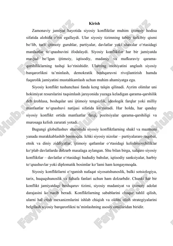 , ularni hal etish mexanizmlarini ishlab chiqish va oldini olish strategiyalarini belgilash siyosiy barqarorlikni ta’minlashning asosiy omillaridan biridir. i. siyosiy konfliktning mohiyati va xususiyatlari siyosiy konflikt — bu jamiyat hayotining ajralmas hodisasi bo‘lib, turli siyosiy kuchlar, partiyalar, manfaat guruhlari yoki davlatlar o‘rtasida paydo bo‘ladigan ziddiyatlar majmuasidir. bu konfliktlar jamiyatda mavjud bo‘lgan ijtimoiy, iqtisodiy, madaniy va mafkuraviy qarama-qarshiliklarning siyosiy maydondagi ifodasidir. har qanday siyosiy konfliktning markazida hokimiyat, ta’sir doirasi yoki resurslarni taqsimlashga bo‘lgan da’vo yotadi. shuning uchun ham siyosiy konfliktni faqat ziddiyat sifatida emas, balki siyosiy tizimning muvozanatini sinovdan o‘tkazuvchi tabiiy jarayon sifatida baholash lozim. siyosiy konfliktlarning mohiyatini anglash, avvalo, ularning ijtimoiy ildizlarini o‘rganishni talab qiladi. har bir jamiyatda manfaatlar xilma-xil bo‘lganidek, siyosiy maydonda ham turli pozitsiyalar, qarashlar va ideologiyalar to‘qnashadi. bu to‘qnashuv demokratik rivojlanishning tabiiy belgisi bo‘lishi bilan birga, siyosiy tizimning hayotiyligini ham ko‘rsatadi. aynan shunday ziddiyatlar orqali jamiyat o‘z muammolarini tan oladi, ularni muhokama qiladi va murosaga kelish yo‘llarini …