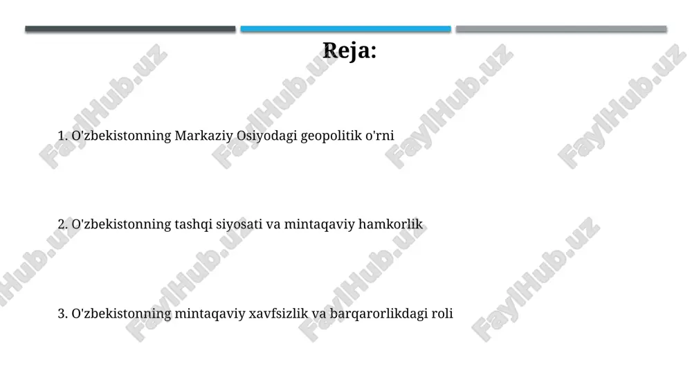 iston va qirg'iziston chegaralarining 85% dan ortig'i demarkatsiya qilingan, bu ikki davlat o'rtasidagi siyosiy ishonchni mustahkamlaydi va savdo-iqtisodiy aloqalarni rivojlantirishga yordam beradi. 2023-yilda o'zbekiston va tojikiston o'rtasidagi tovar aylanmasi 500 million aqsh dollaridan oshdi, bu o'tgan 5 yildagi eng yuqori ko'rsatkich bo'lib, iqtisodiy hamkorlikning sezilarli o'sishini aks ettiradi. o'zbekistonning xavfsizlik sohasidagi hamkorligi o'zbekiston shanxay hamkorlik tashkiloti (shht) doirasida xavfsizlik sohasida faol hamkorlik qiladi, jumladan, mintaqaviy terrorizmga qarshi tuzilma (rats) doirasida 2004-yildan beri terrorizmga qarshi mashqlarda ishtirok etadi. o'zbekiston markaziy osiyo davlatlari bilan ikki tomonlama harbiy-texnik hamkorlikni rivojlantirmoqda, jumladan, 2018-yildan buyon qo'shma harbiy mashg'ulotlar o'tkazilmoqda, bu esa chegaralarni himoya qilishda muhim rol o'ynaydi. iqtisodiy diplomiya va integratsiya iqtisodiy diplomatiya o'zbekistonning 2017-2021-yillardagi harakatlar strategiyasida tashqi siyosatning ustuvor yo'nalishi sifatida belgilandi, bu esa savdo va investitsiyalarni rag'batlantirishni nazarda tutadi. integratsiya doirasida o'zbekiston shanxay hamkorlik tashkiloti (shht) kabi mintaqaviy tuzilmalarda faol ishtirok etadi, bu esa iqtisodiy hamkorlikni rivojlantirish uchun muhim platforma hisoblanadi. transport va …